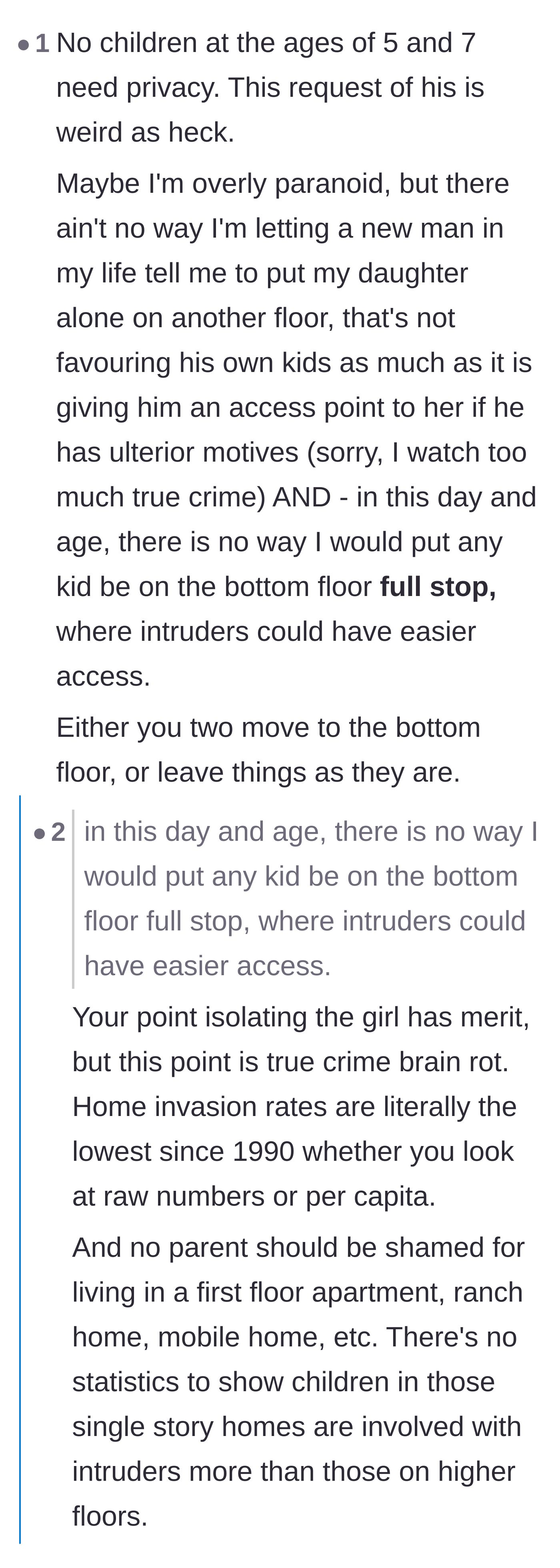 Comment thread debating the true crime paranoia of putting an 11-year-old downstairs versus actual home invasion statistics.