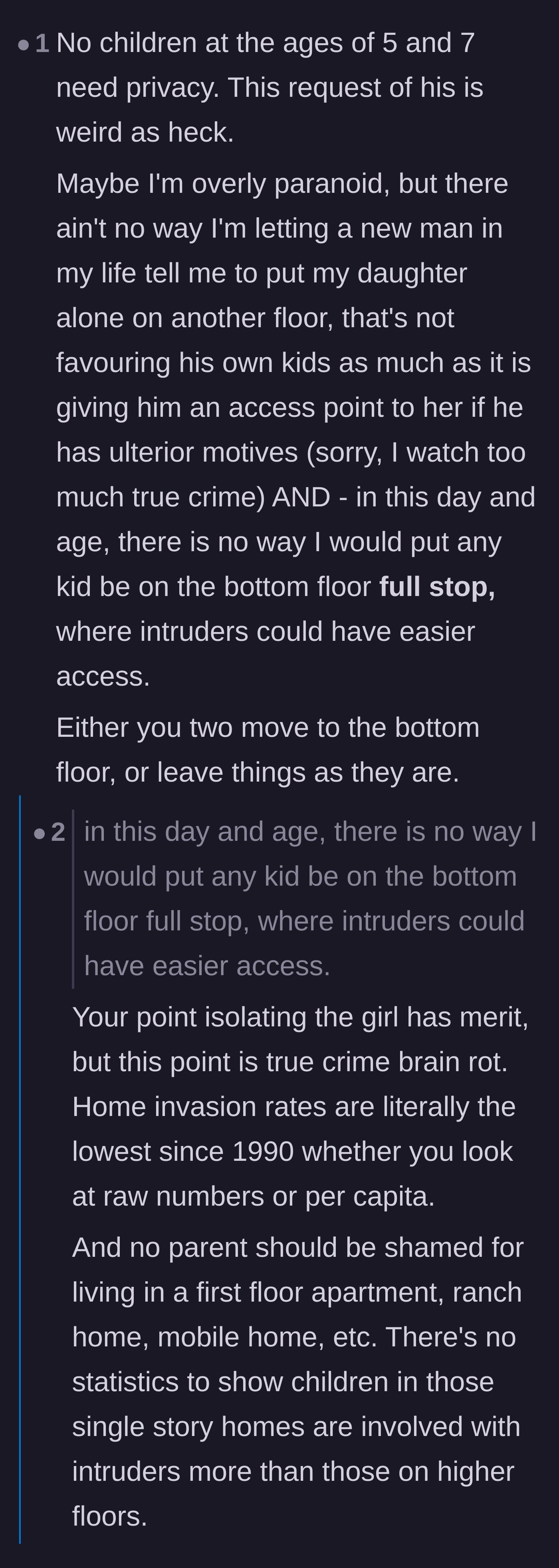 Comment thread debating the true crime paranoia of putting an 11-year-old downstairs versus actual home invasion statistics.