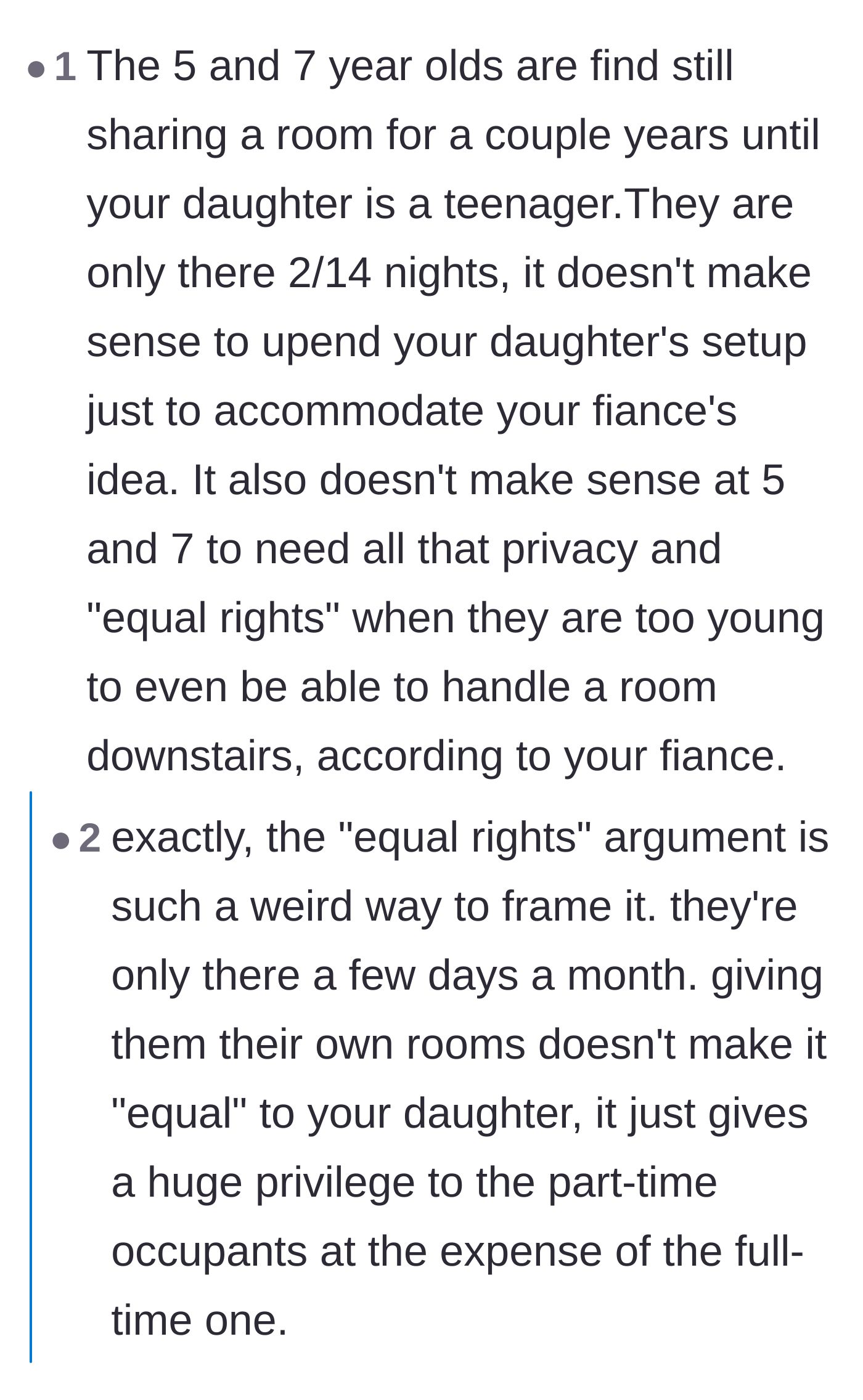 Comment thread explaining the critical difference between equal and equitable in a blended family setup.