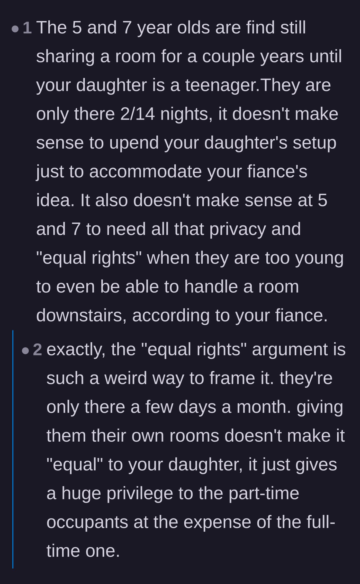 Comment thread explaining the critical difference between equal and equitable in a blended family setup.