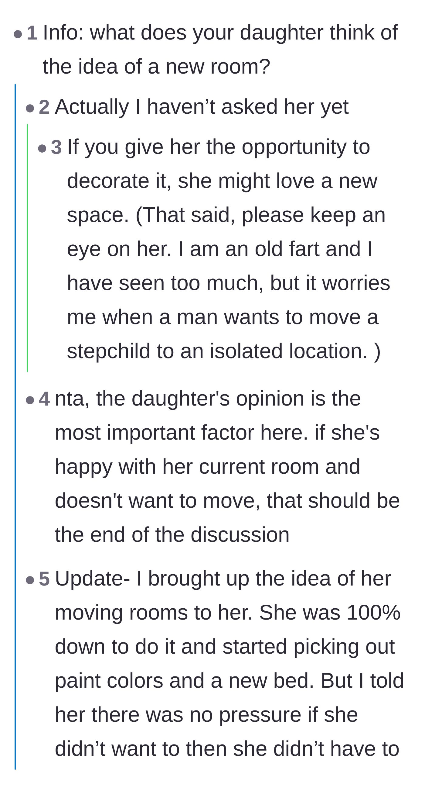Comment thread where the mom reveals her 11-year-old daughter is actually excited to move downstairs and redecorate.