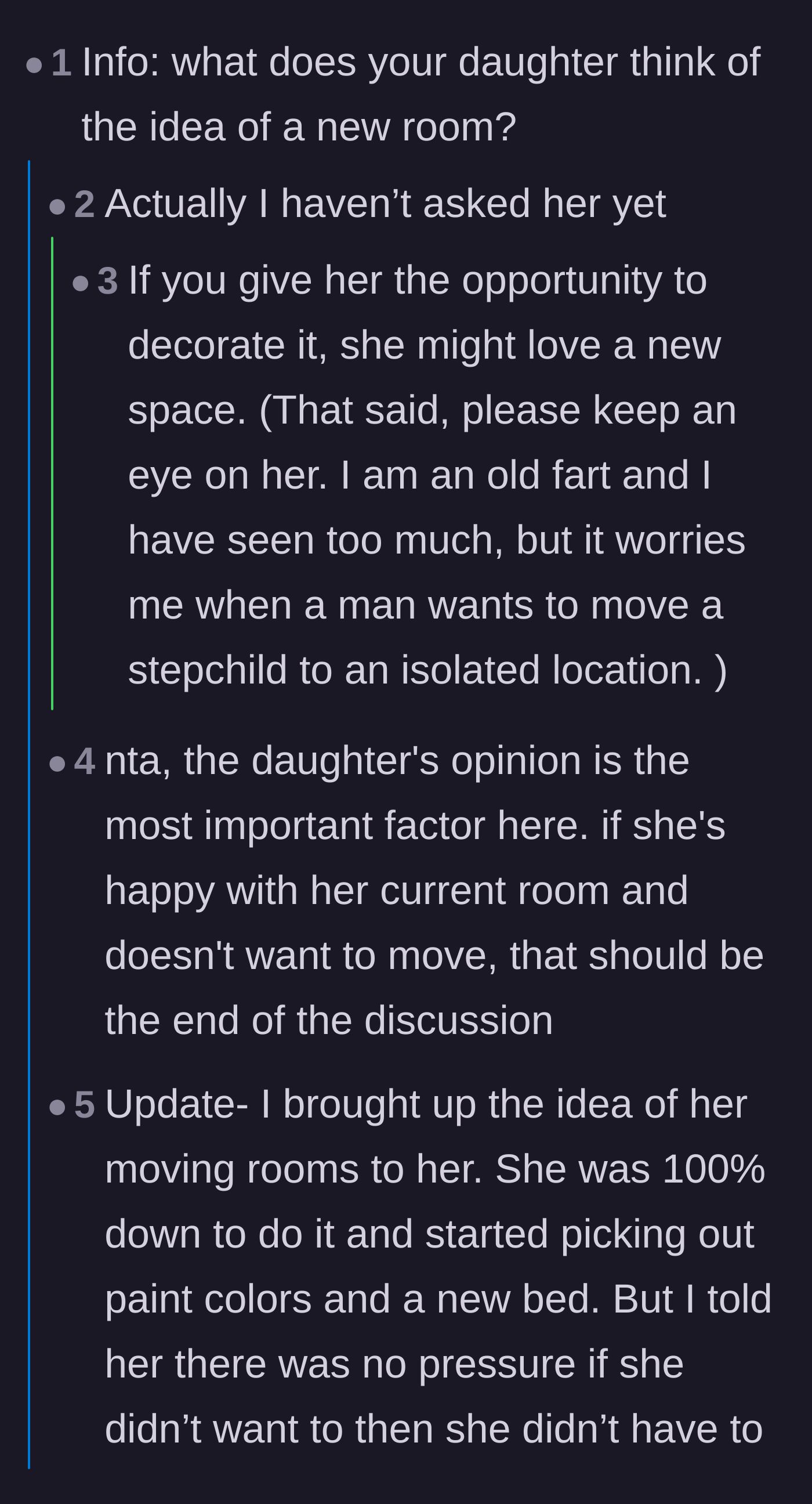 Comment thread where the mom reveals her 11-year-old daughter is actually excited to move downstairs and redecorate.