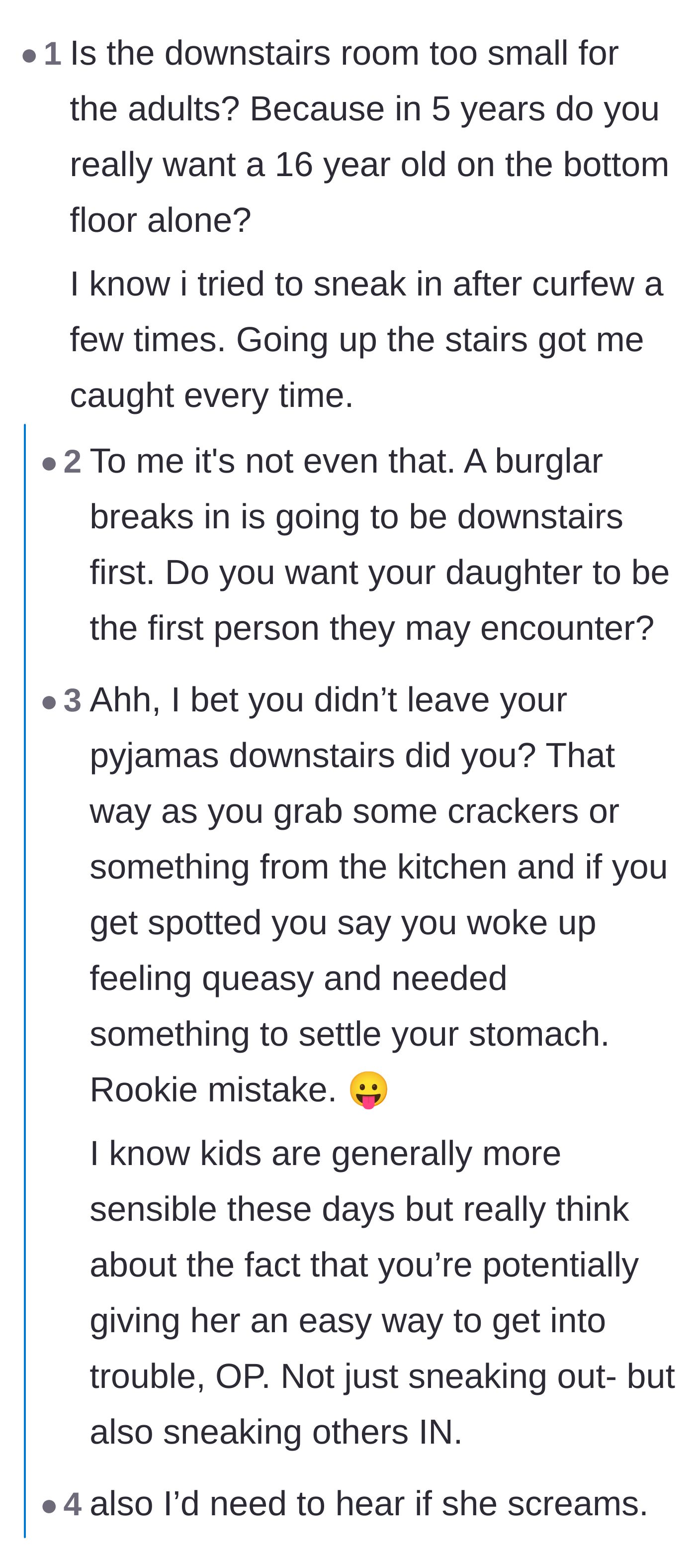 Comment thread joking about the dangers of sleeping downstairs, ranging from burglars to alien abductions and crocodiles.