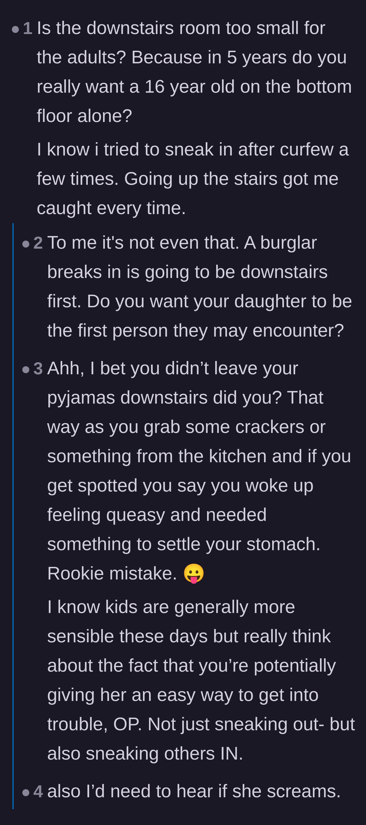 Comment thread joking about the dangers of sleeping downstairs, ranging from burglars to alien abductions and crocodiles.