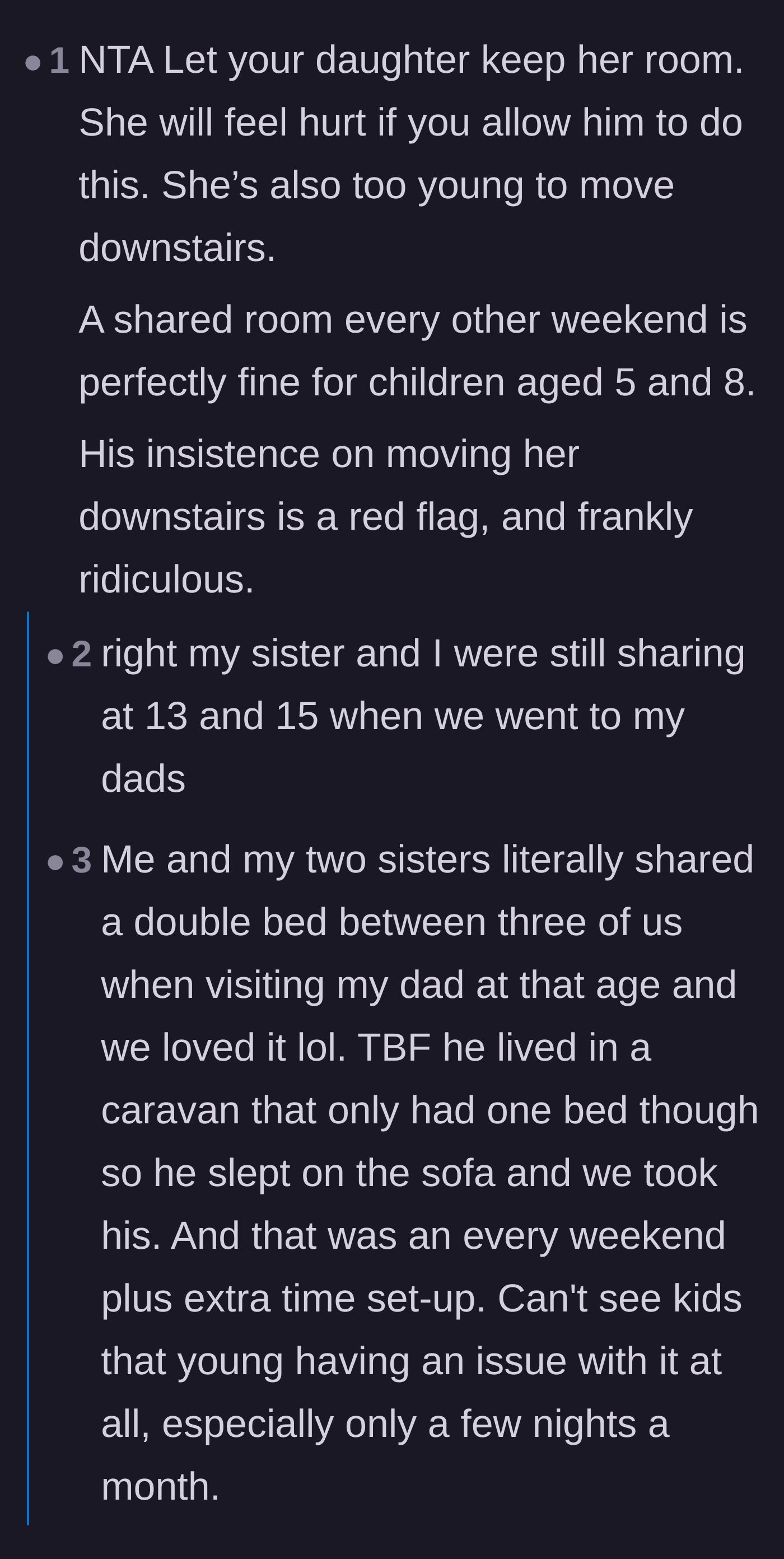 Comment thread sharing childhood stories of siblings happily sharing rooms during weekend visits.