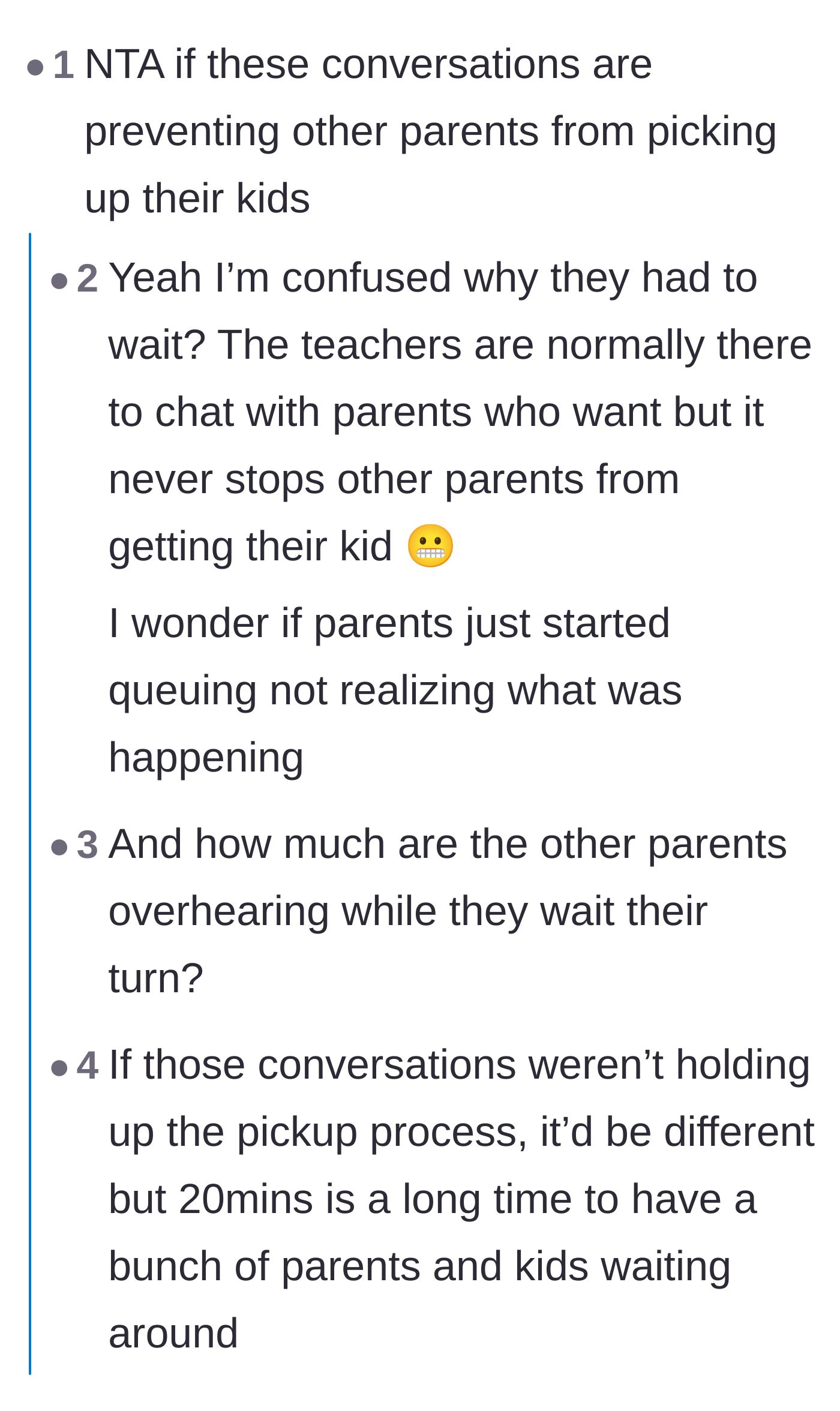 Comment thread 1 - Calculating the impossible math of five-minute chats for a full class of kids.