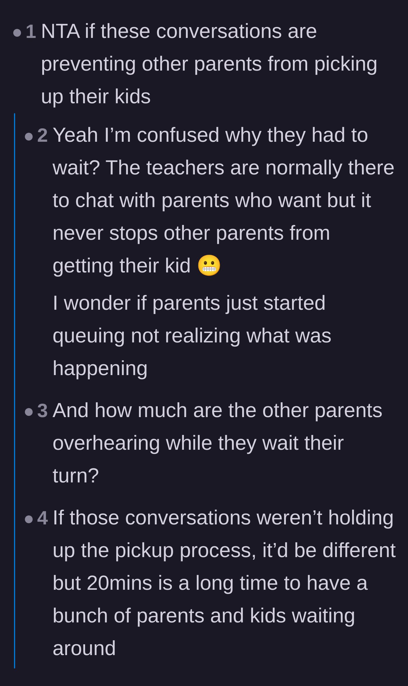 Comment thread 1 - Calculating the impossible math of five-minute chats for a full class of kids.