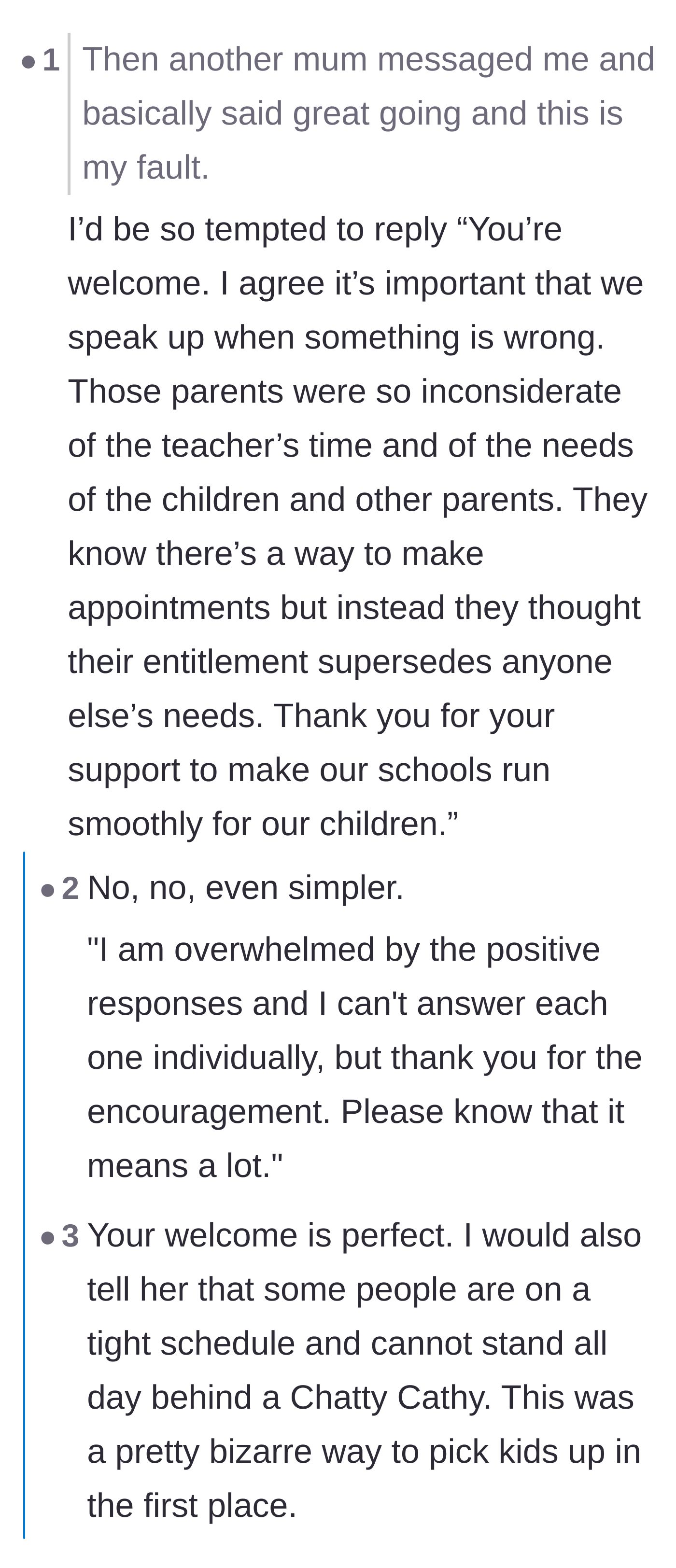 Comment thread 3 - Brainstorming brilliantly passive-aggressive replies to the angry mom's text message.