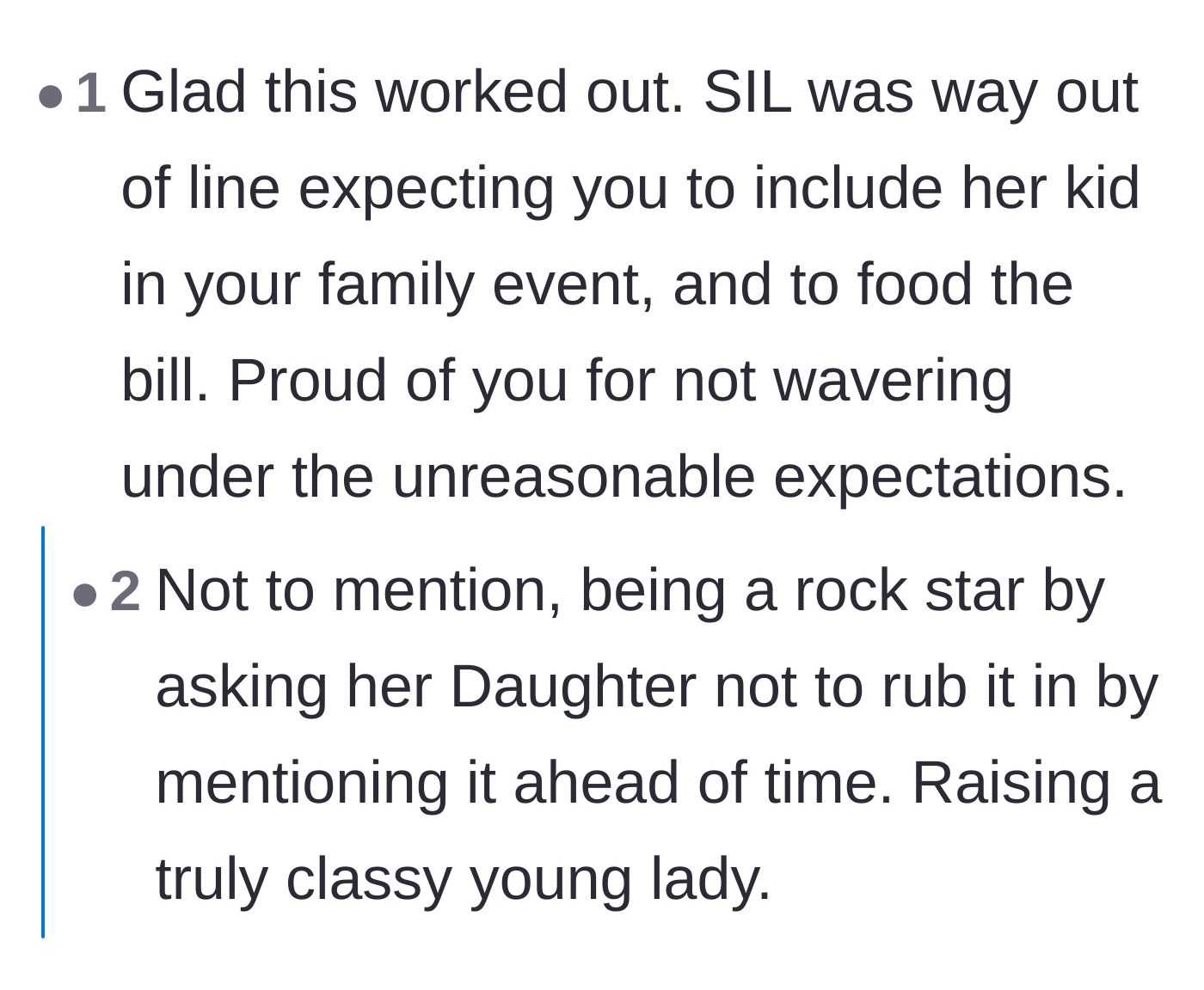 Comment thread 1 - Readers praising the mother for not giving in to the aunt's demands and commending the daughter for keeping the secret.