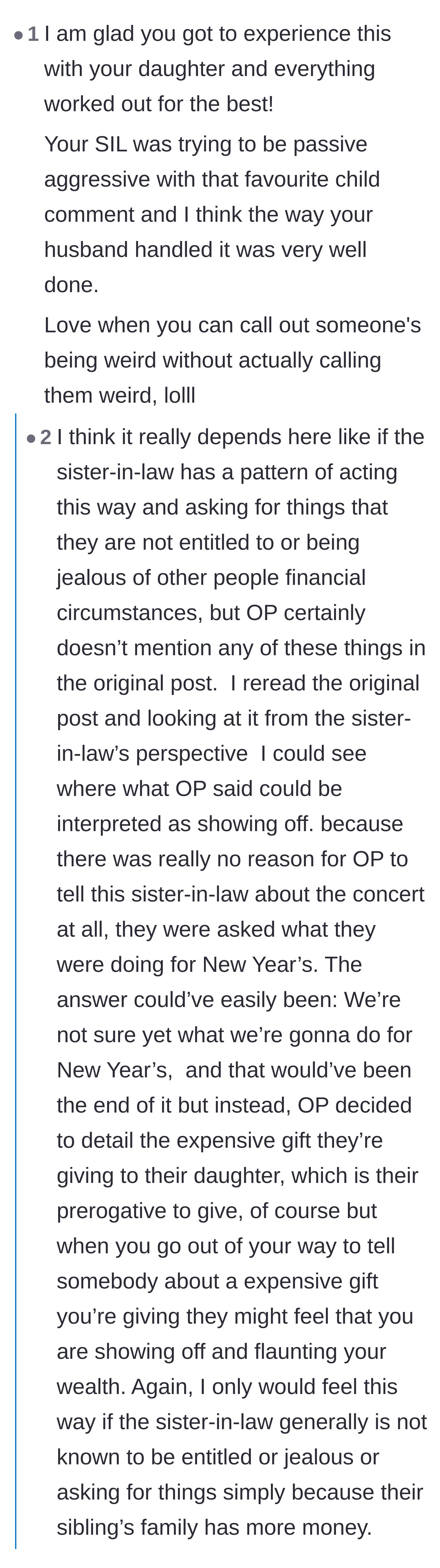 Comment thread 3 - Discussion about the sister-in-law's passive-aggressive comment and how the husband accidentally shut it down perfectly.