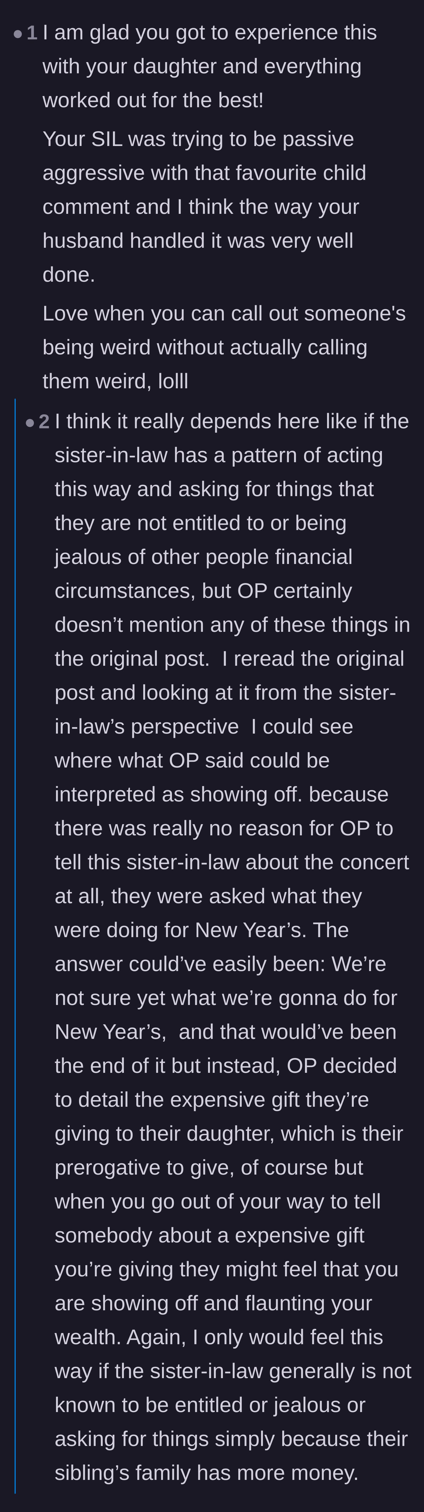 Comment thread 3 - Discussion about the sister-in-law's passive-aggressive comment and how the husband accidentally shut it down perfectly.
