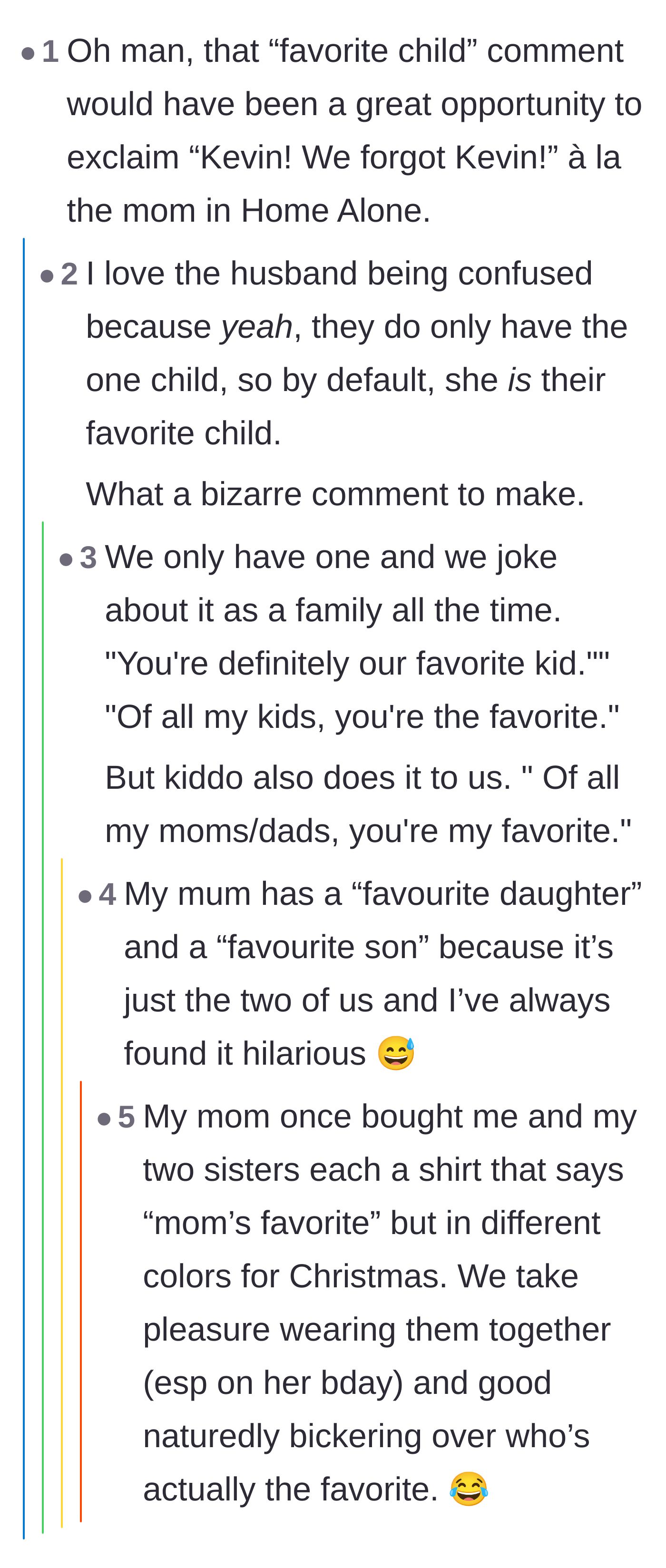 Comment thread 4 - Humorous thread making Home Alone references and sharing jokes families make about having a favorite child.