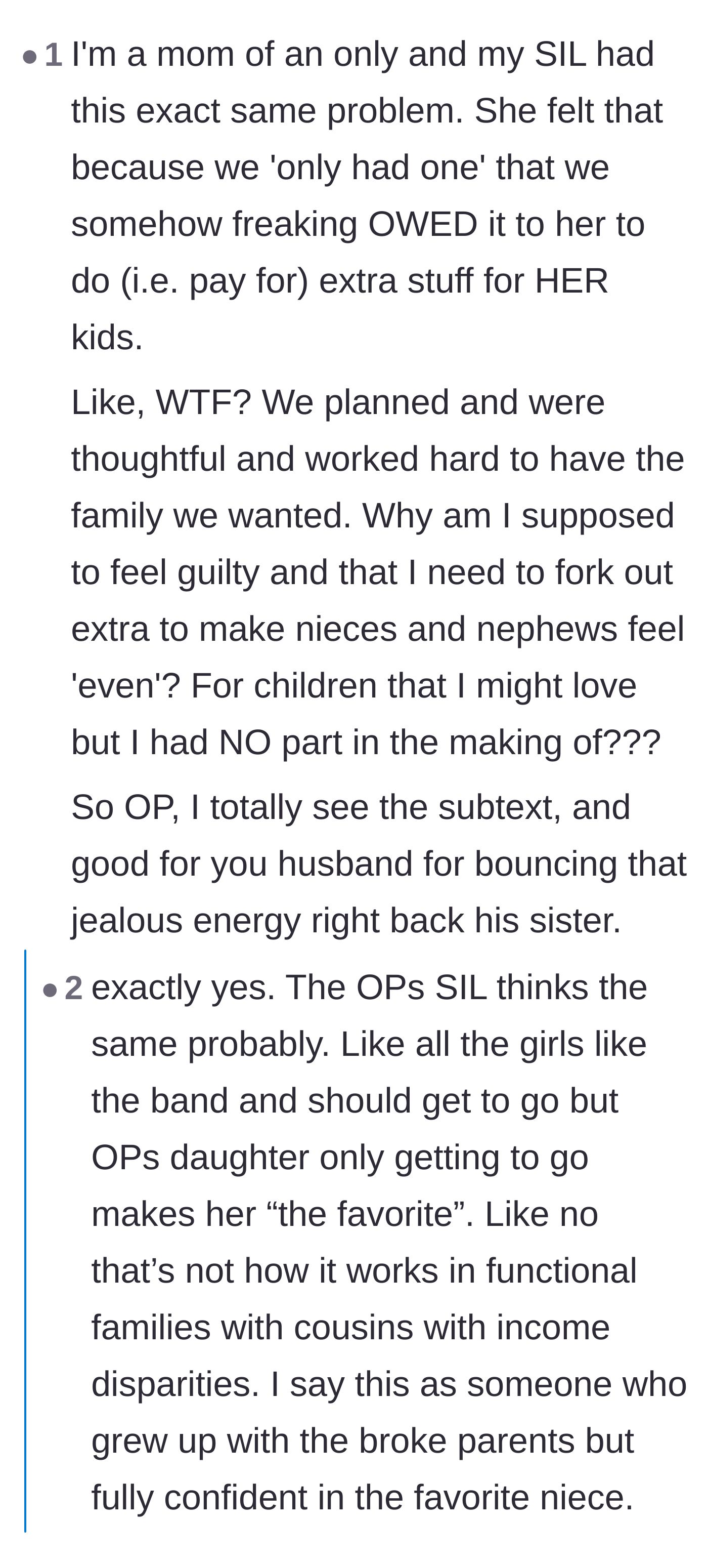 Comment thread 5 - A mother of an only child relating to the story and venting about relatives expecting financial handouts to balance things out.