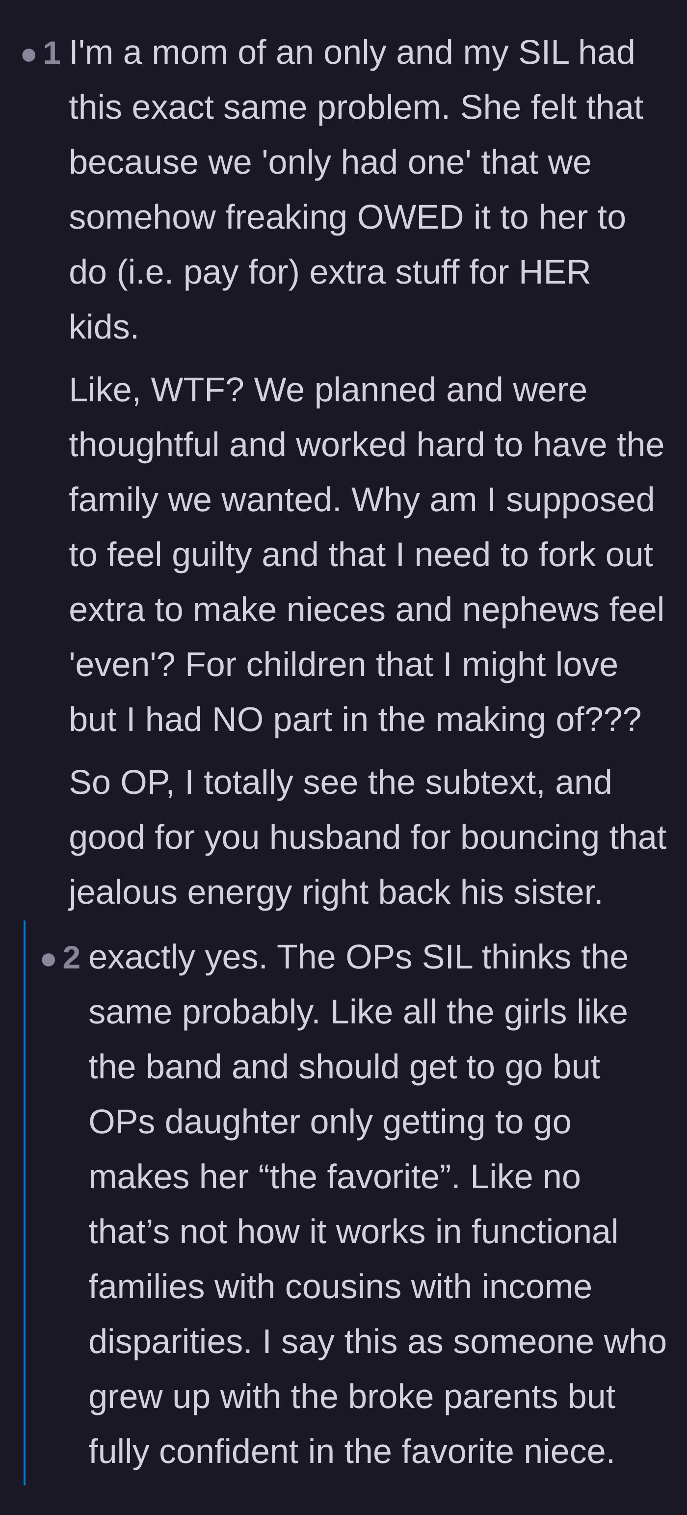 Comment thread 5 - A mother of an only child relating to the story and venting about relatives expecting financial handouts to balance things out.