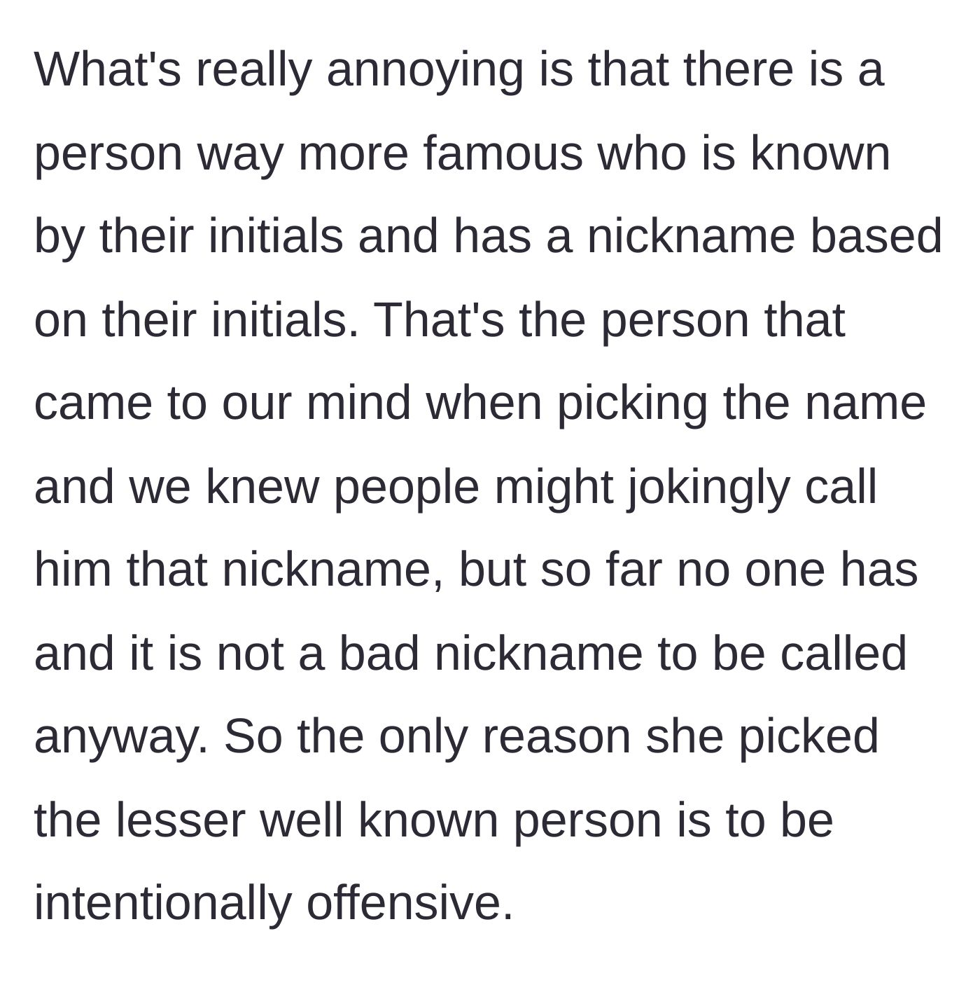 Story part 5 - The mom points out the initials match a much more famous, harmless celebrity, proving the teen's nickname choice was intentionally offensive.