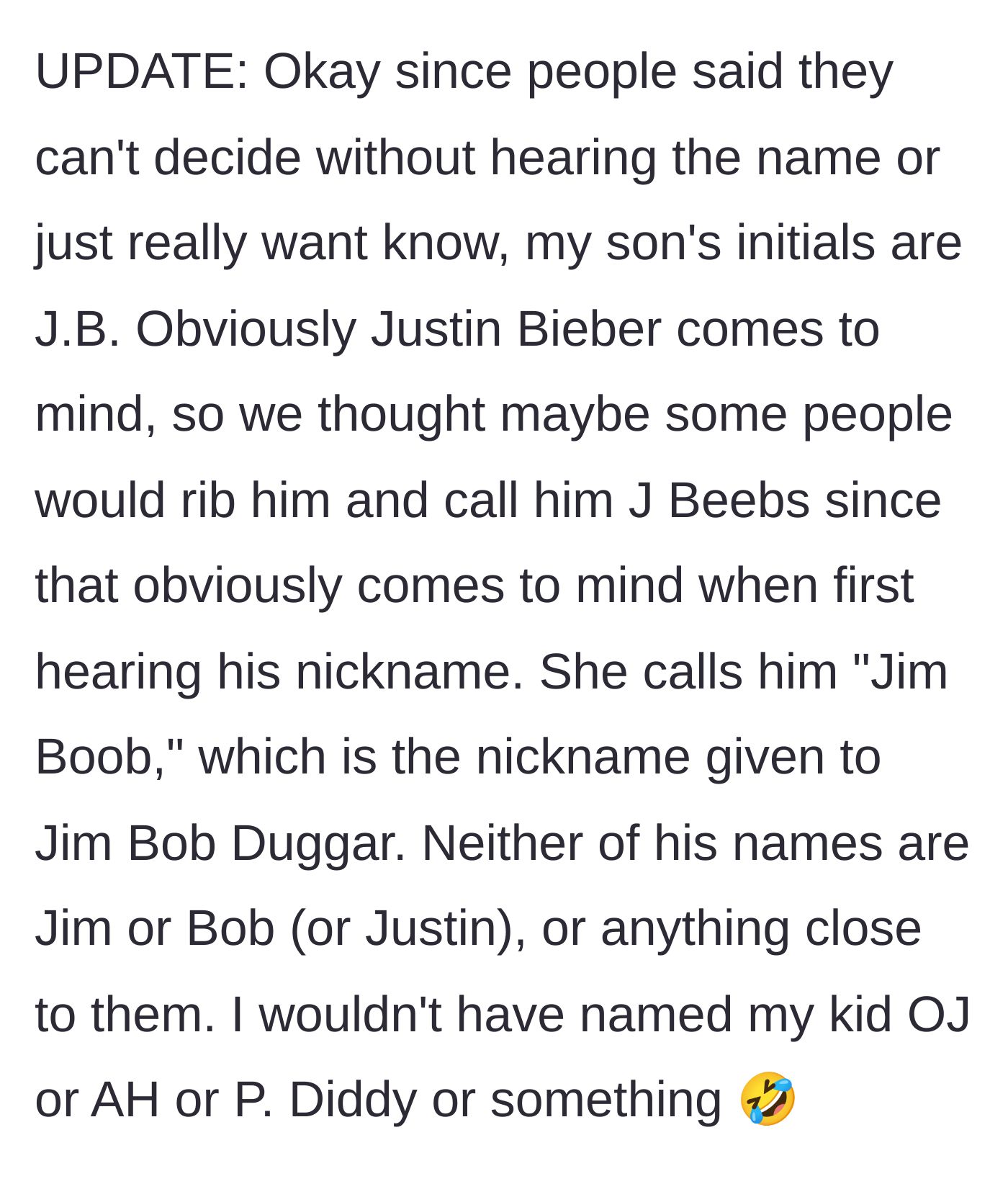 Story part 7 - An update reveals the initials are J.B. and the teen is calling the baby 'Jim Boob,' referencing a disgraced reality TV patriarch.