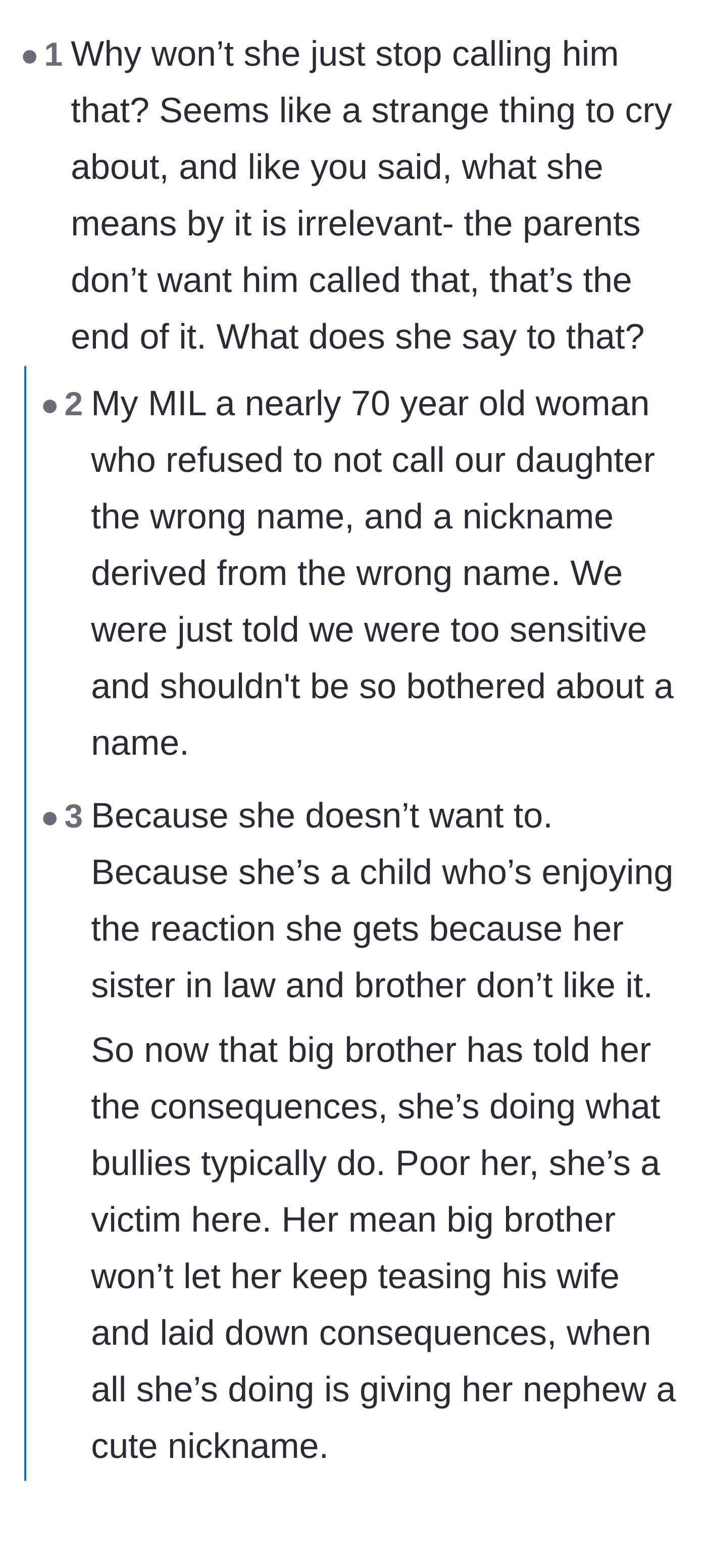 Comment thread 1 - Readers swapping stories of stubborn relatives and brainstorming petty revenge nicknames for the entitled aunt.