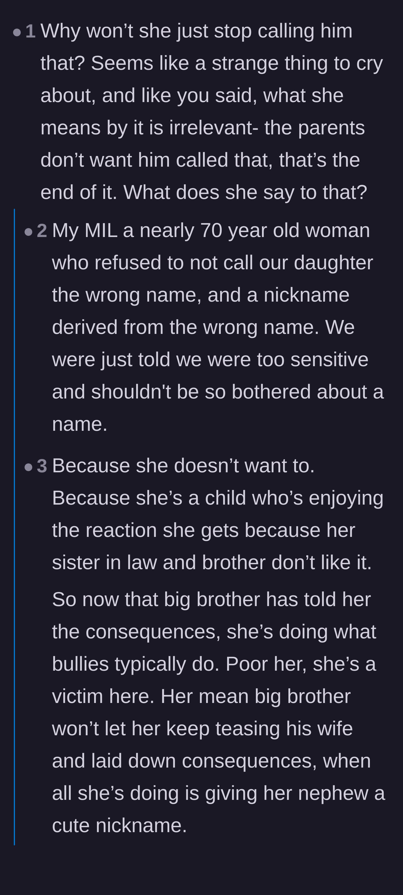 Comment thread 1 - Readers swapping stories of stubborn relatives and brainstorming petty revenge nicknames for the entitled aunt.