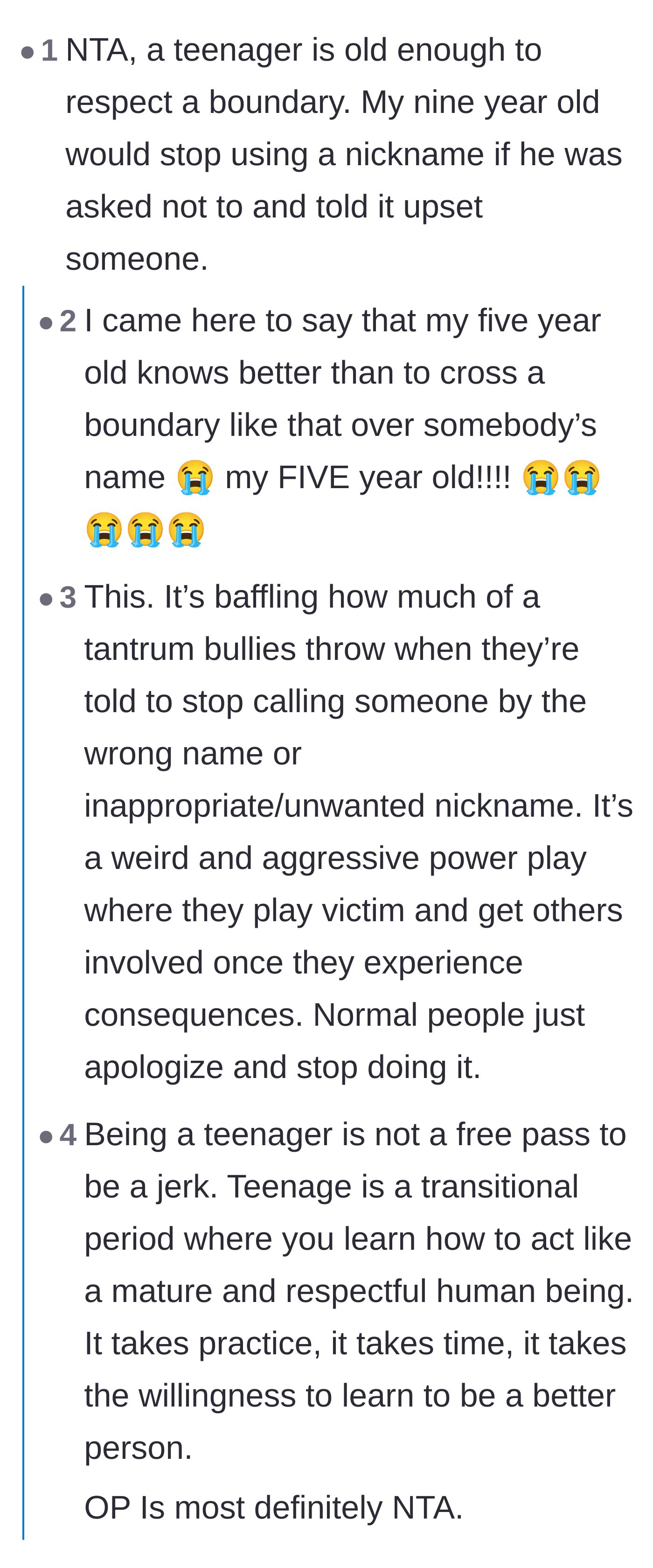 Comment thread 2 - Parents pointing out that even toddlers and young children know how to respect basic name boundaries.