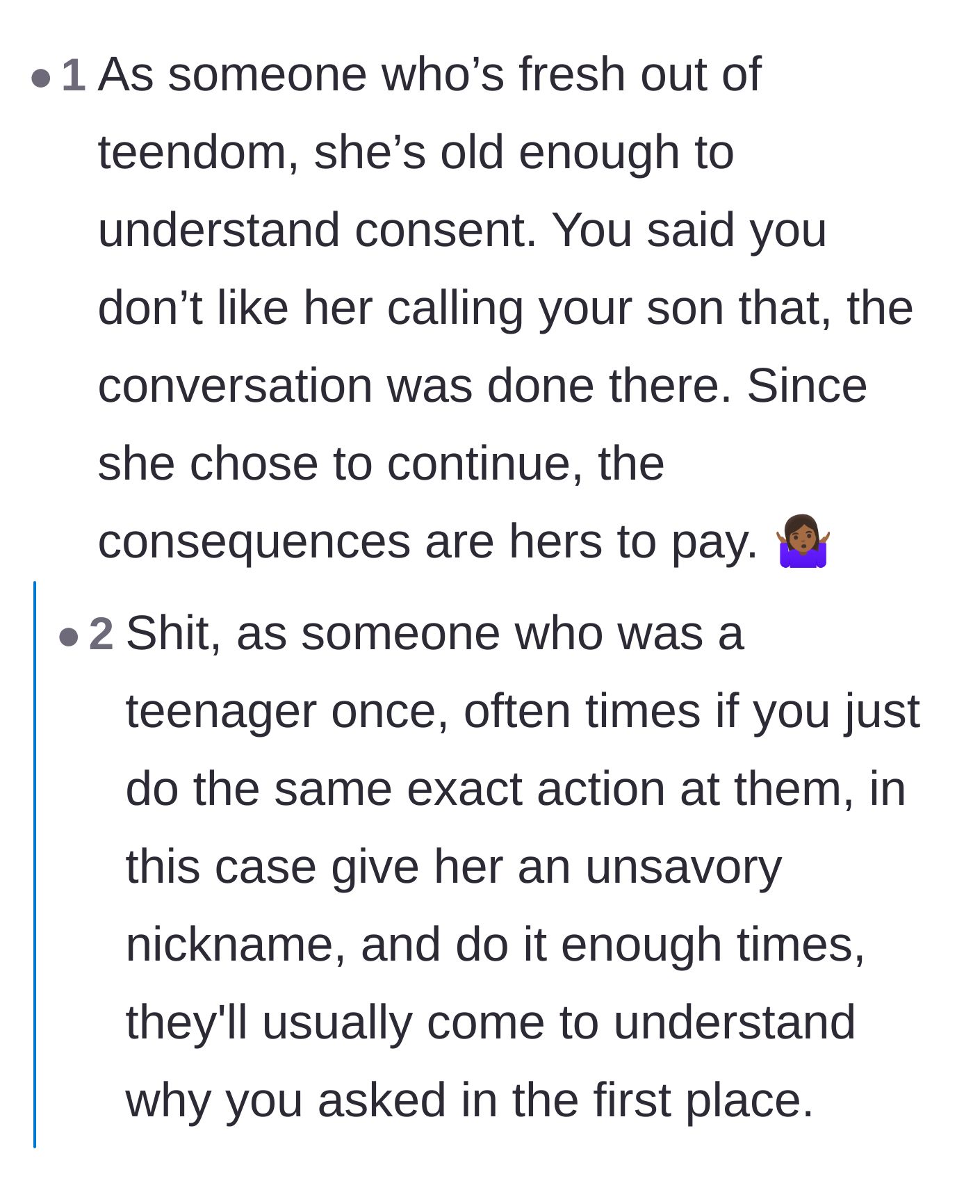 Comment thread 3 - A recent teenager explaining that teens fully understand consent, alongside stories of matching the disrespect.