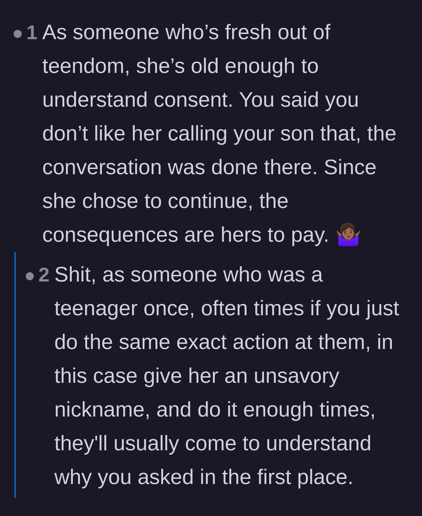 Comment thread 3 - A recent teenager explaining that teens fully understand consent, alongside stories of matching the disrespect.