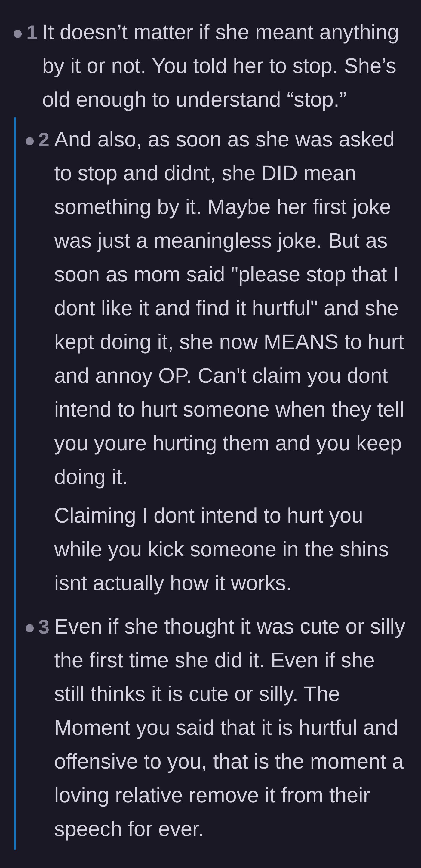 Comment thread 5 - A brilliant breakdown of how continuing a joke after being asked to stop turns an accident into intentional harm.