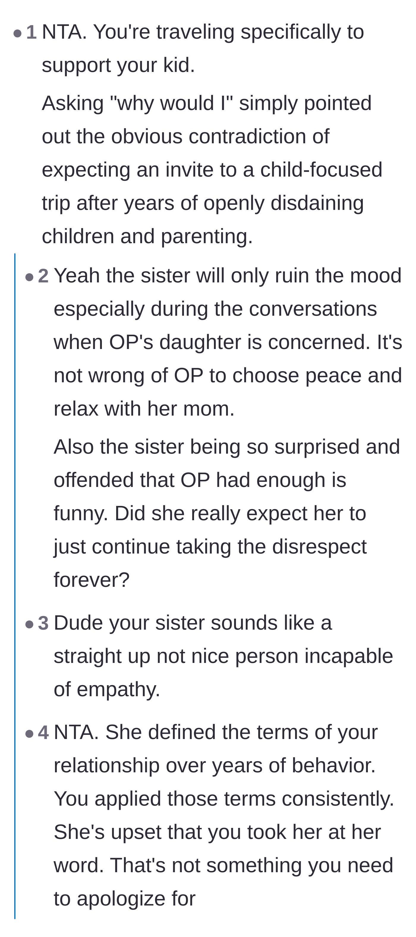 Comment thread 1 - Readers point out the hilarious contradiction of an anti-kid sister wanting to crash a child-focused vacation.