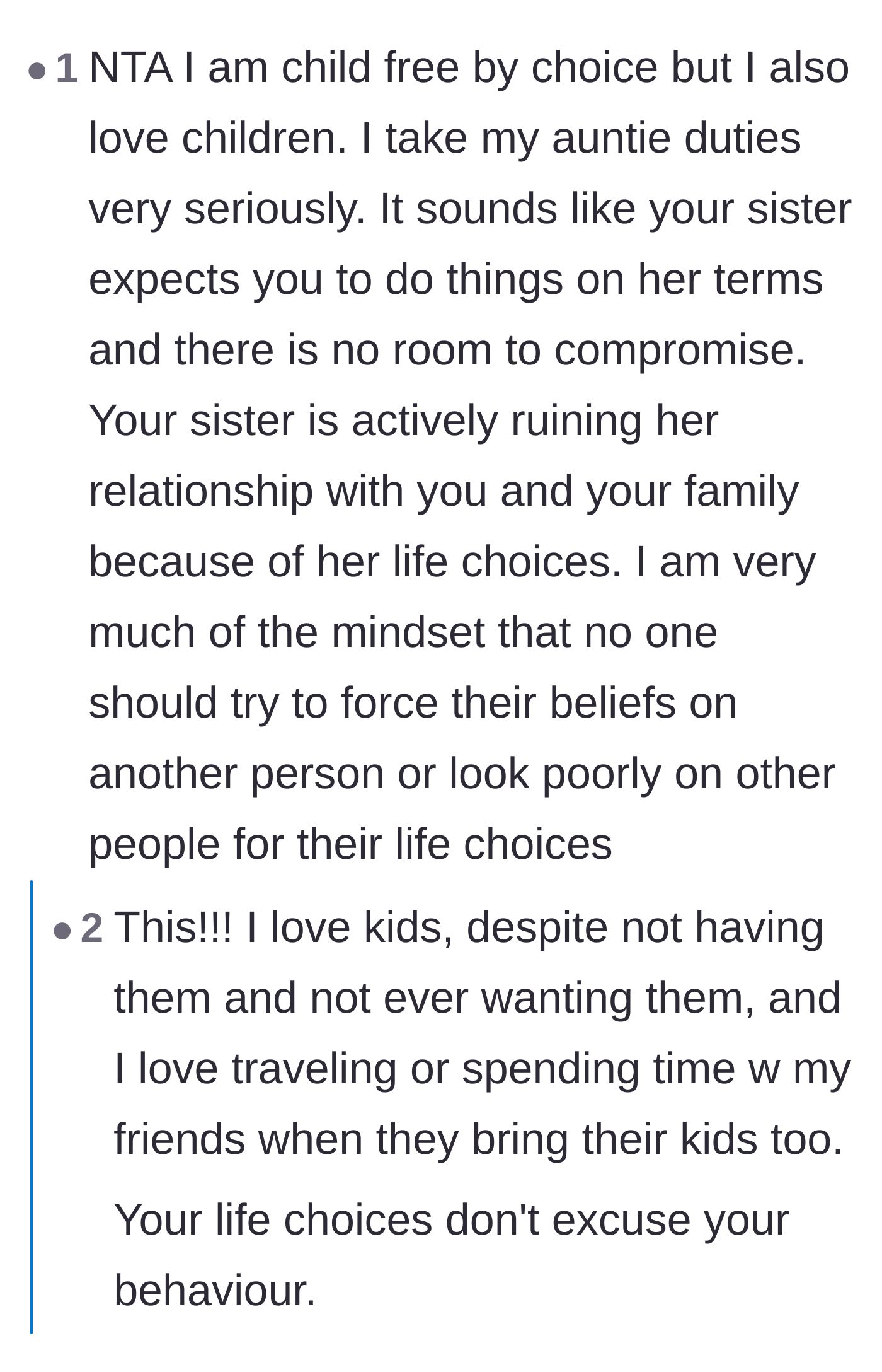 Comment thread 2 - A child-free aunt explains how you can choose not to have kids without treating your nieces and nephews terribly.