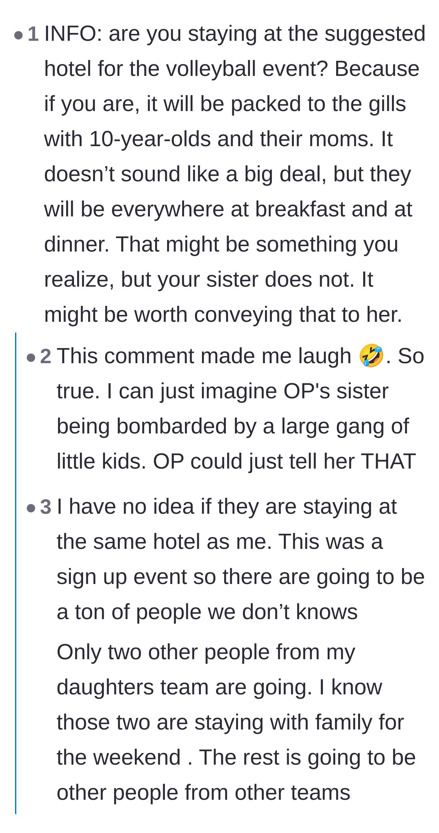 Comment thread 4 - A funny warning that a youth volleyball tournament hotel will be absolutely swarming with loud children.
