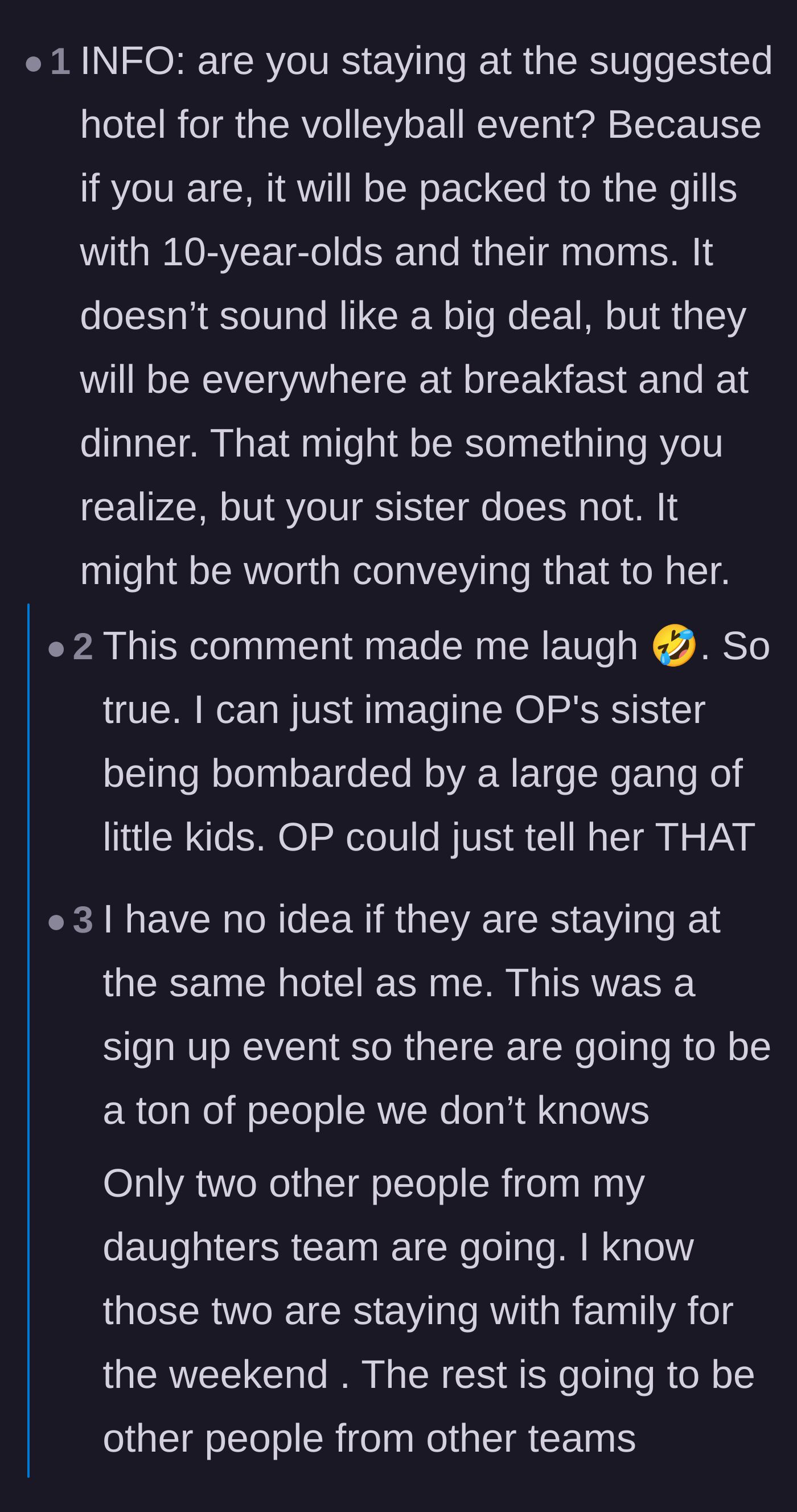 Comment thread 4 - A funny warning that a youth volleyball tournament hotel will be absolutely swarming with loud children.