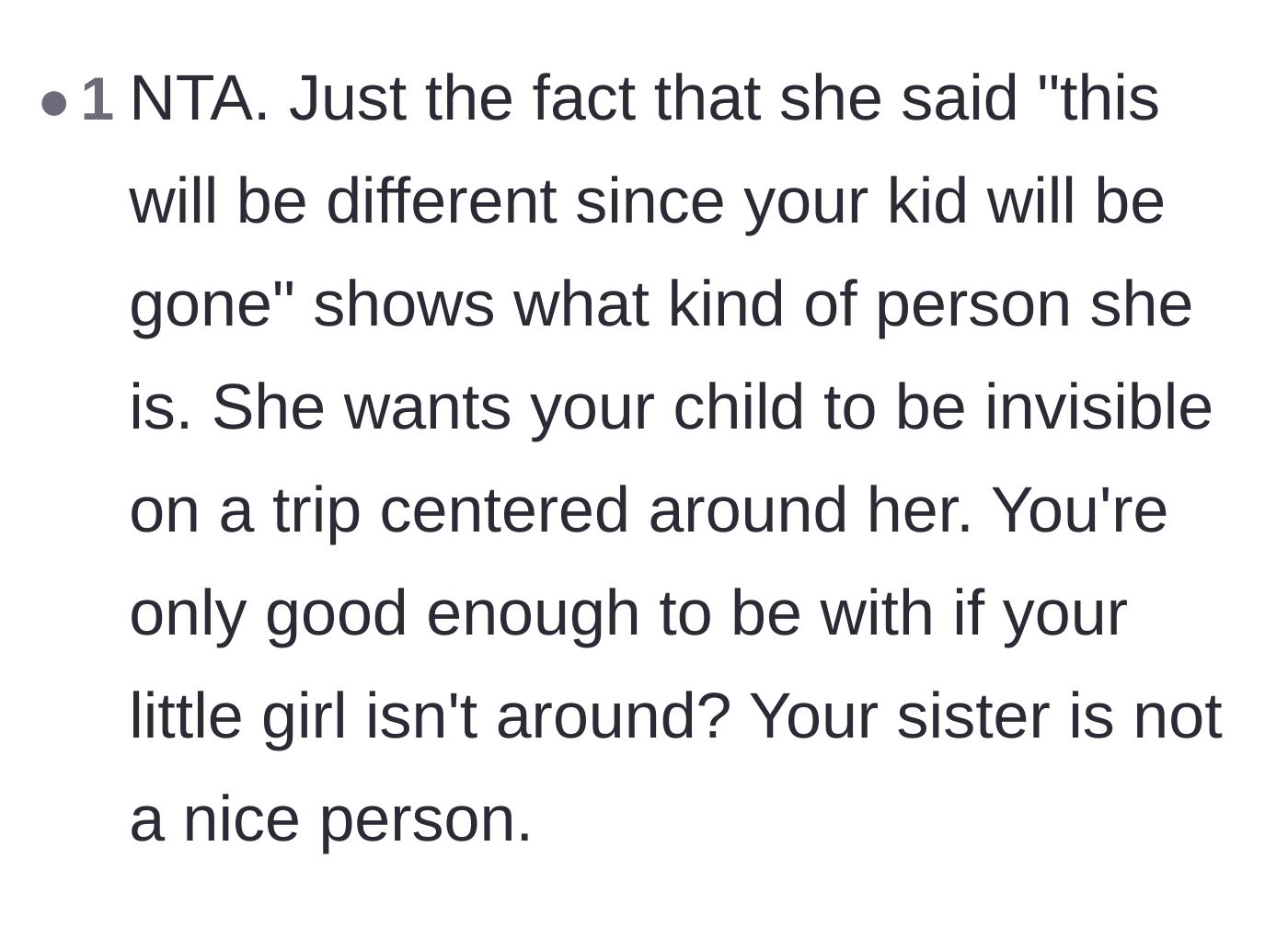 Comment thread 5 - A reader highlights the sister's toxic quote proving she only wants to hang out if the child is invisible.
