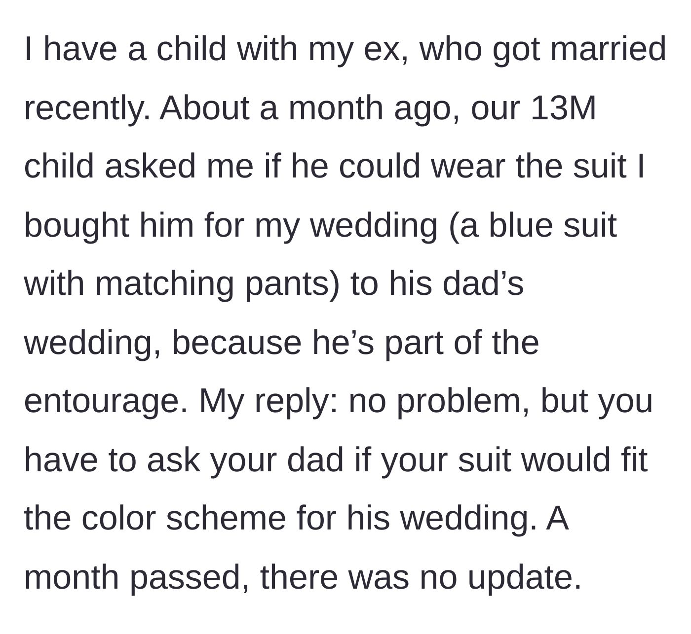 Story part 1 - Teenage boy asking his mother about wearing a blue suit to an upcoming wedding.