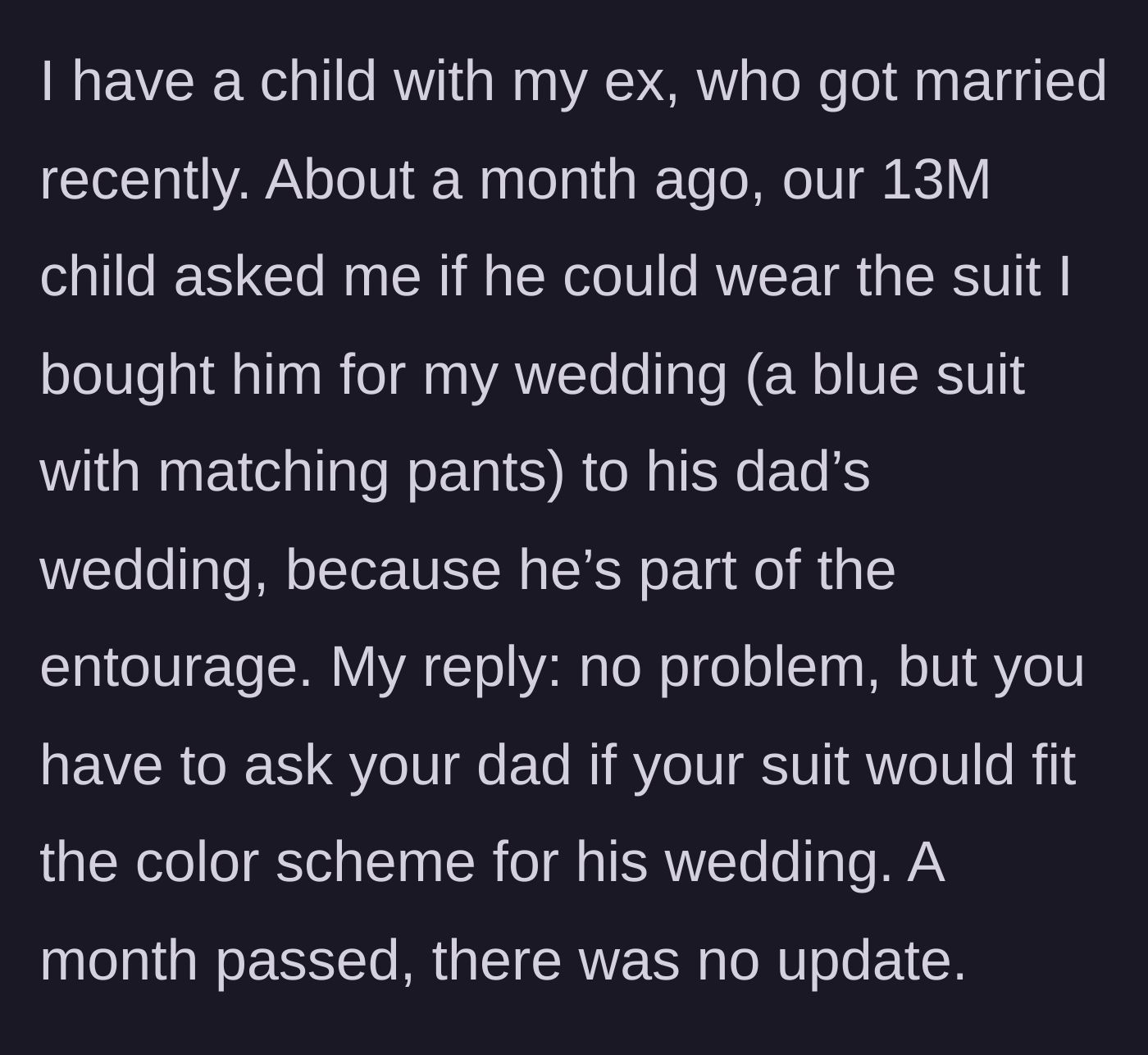 Story part 1 - Teenage boy asking his mother about wearing a blue suit to an upcoming wedding.
