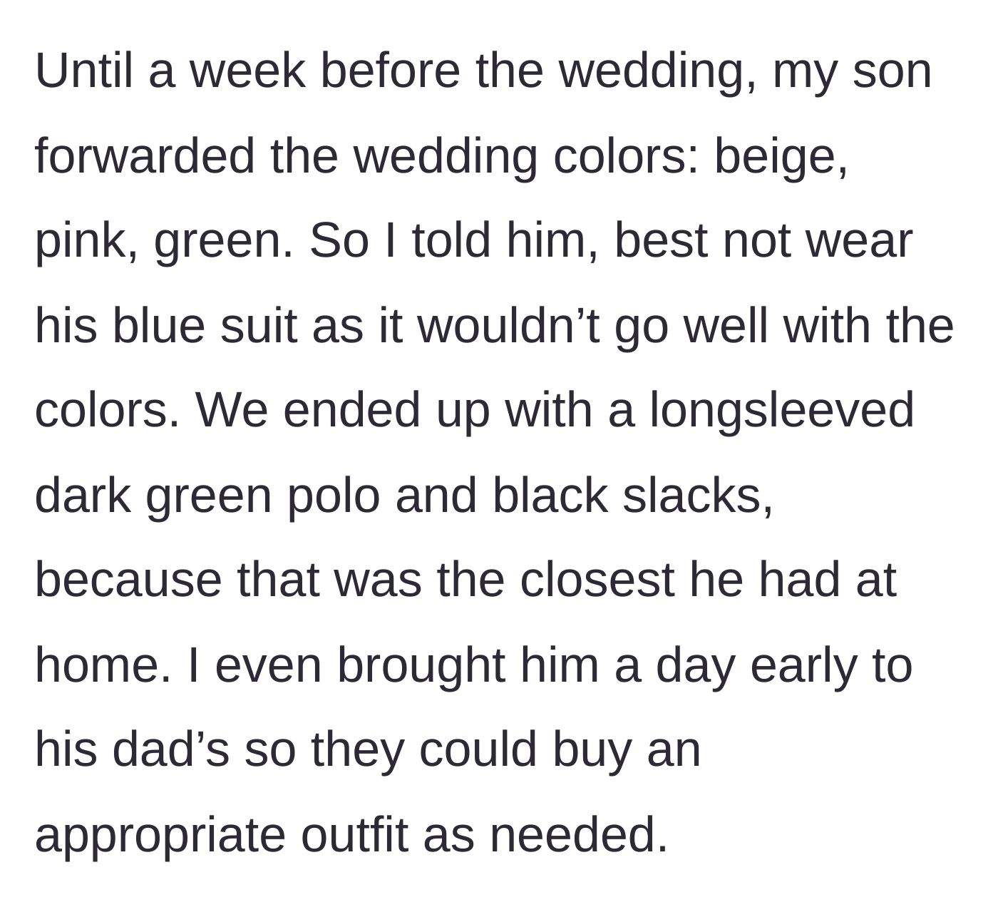 Story part 2 - Mother and son pulling a dark green polo shirt and black slacks out of a closet together.