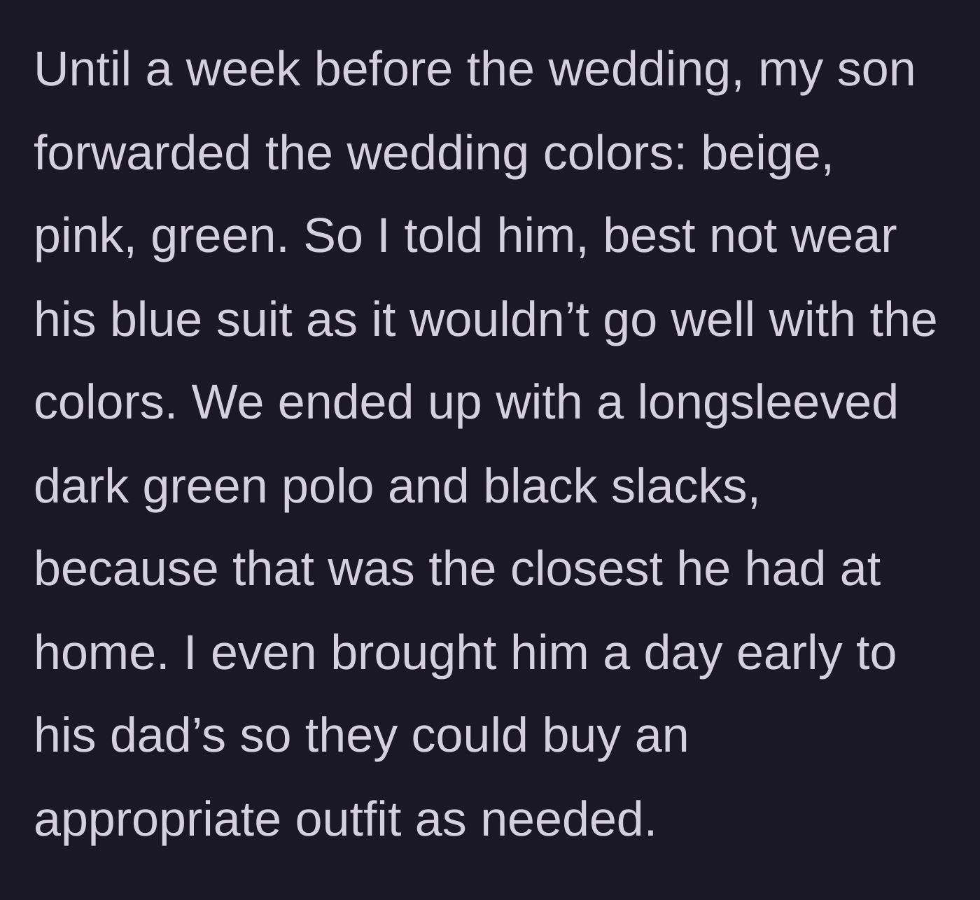 Story part 2 - Mother and son pulling a dark green polo shirt and black slacks out of a closet together.