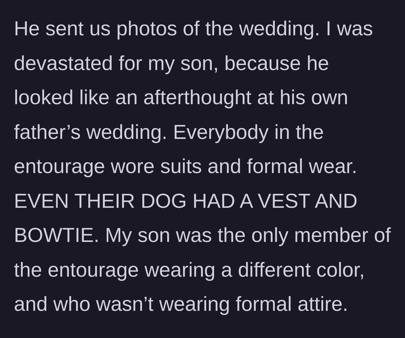 Story part 3 - A wedding party photo showing groomsmen in tailored suits, a dog in a bowtie, and one teenage boy looking painfully out of place in a polo shirt.