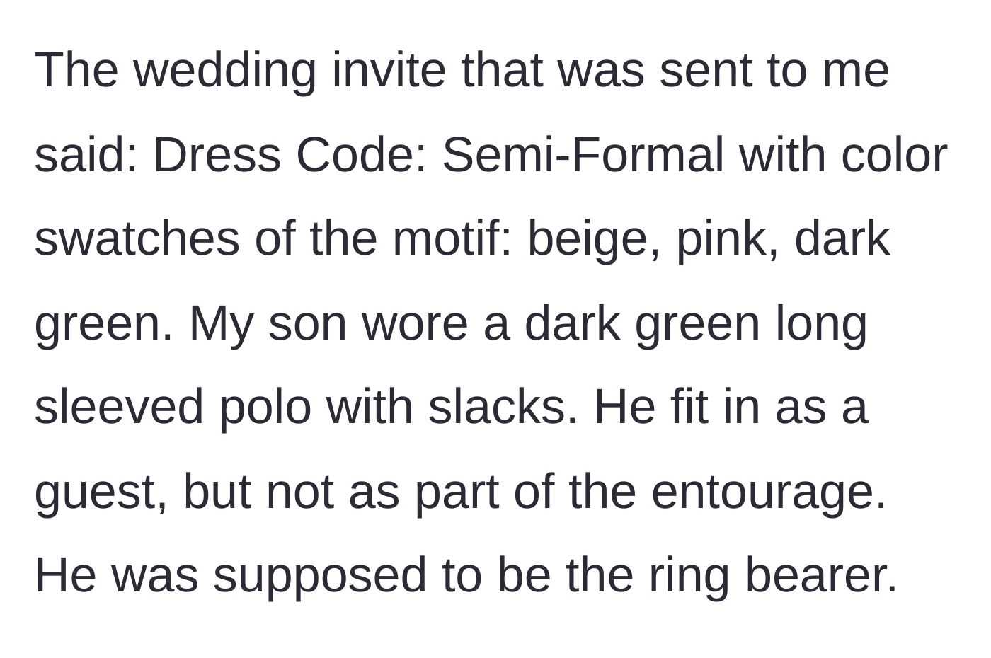 Story part 6 - A close-up of a wedding invitation reading 'Semi-Formal' with three little color swatches attached to the card.