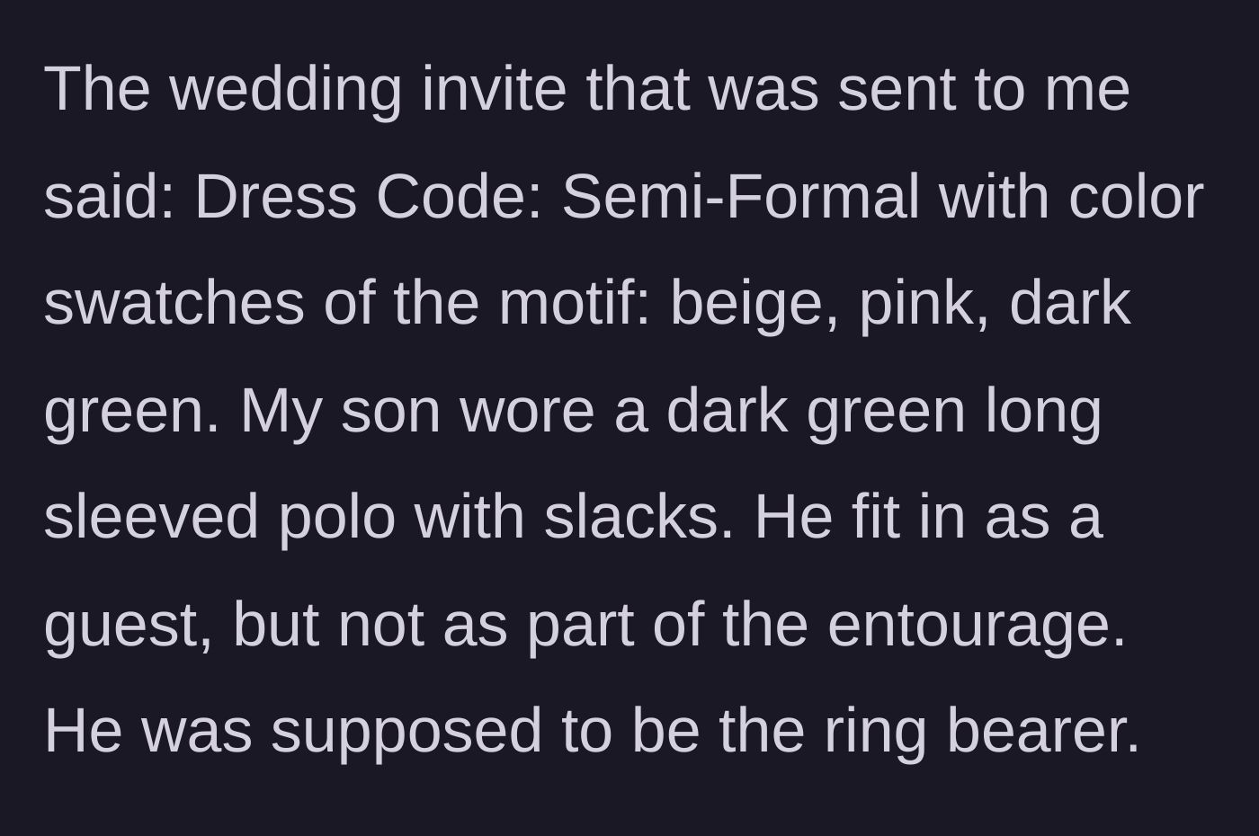 Story part 6 - A close-up of a wedding invitation reading 'Semi-Formal' with three little color swatches attached to the card.