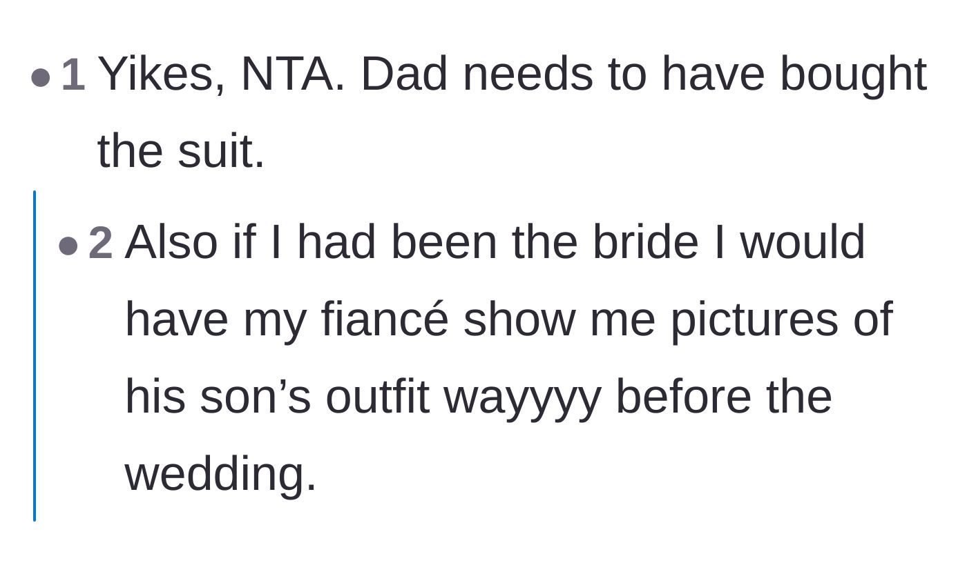 Comment thread 3 - Questioning why the new bride didn't ask to see the son's outfit before the big day.