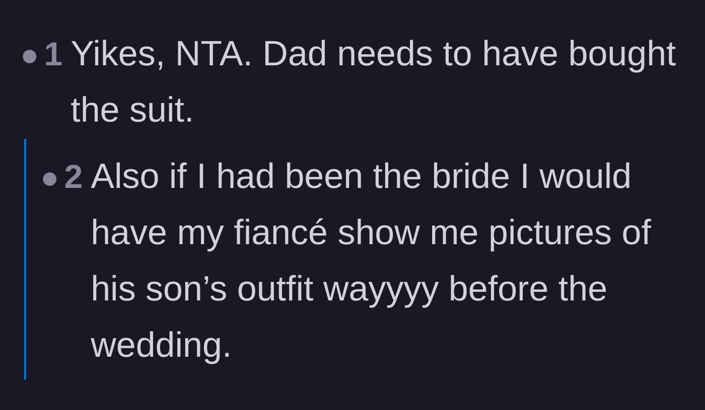 Comment thread 3 - Questioning why the new bride didn't ask to see the son's outfit before the big day.