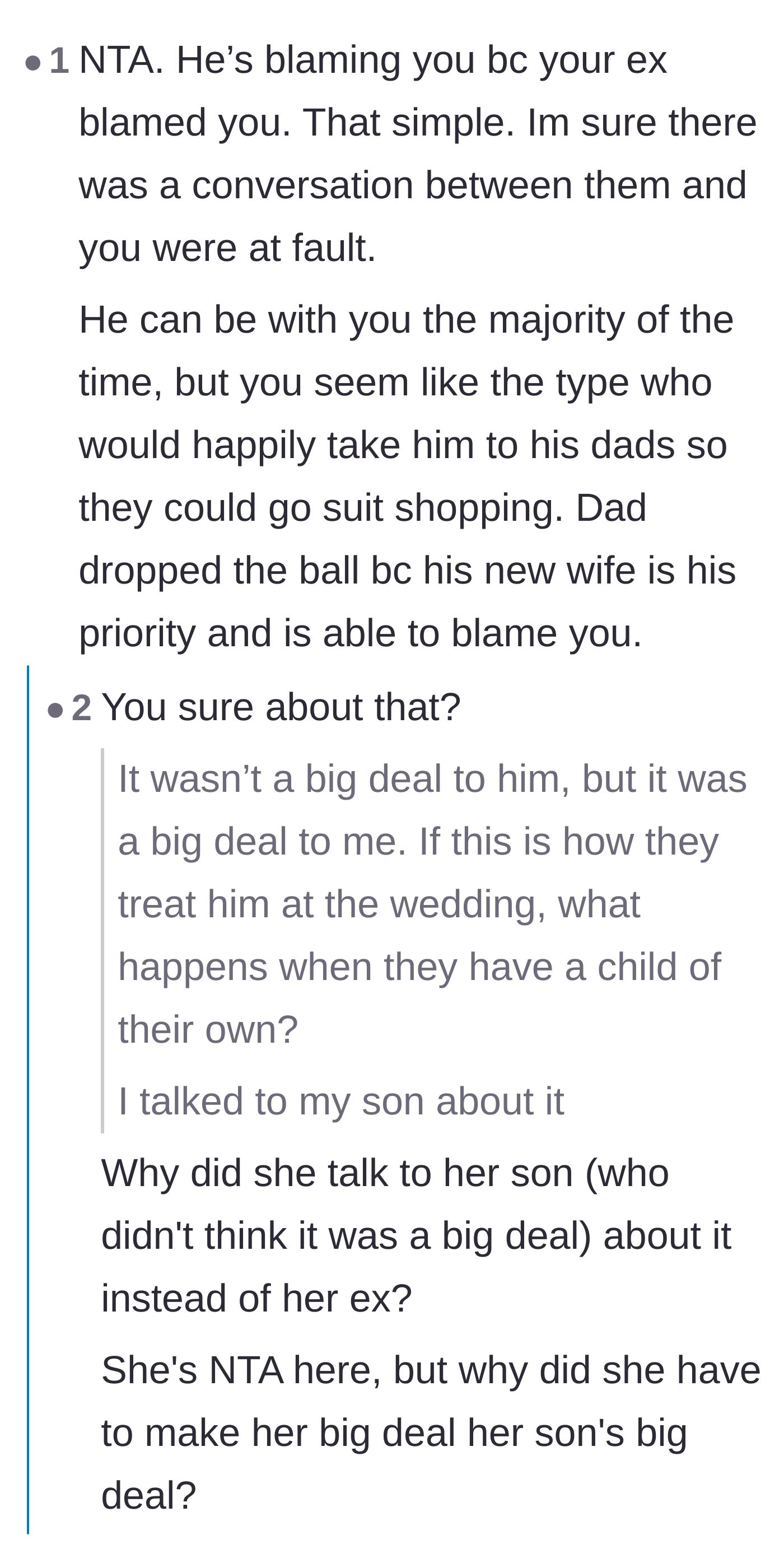 Comment thread 4 - Defending the mother's choice to talk to her son about how the wedding made him feel.