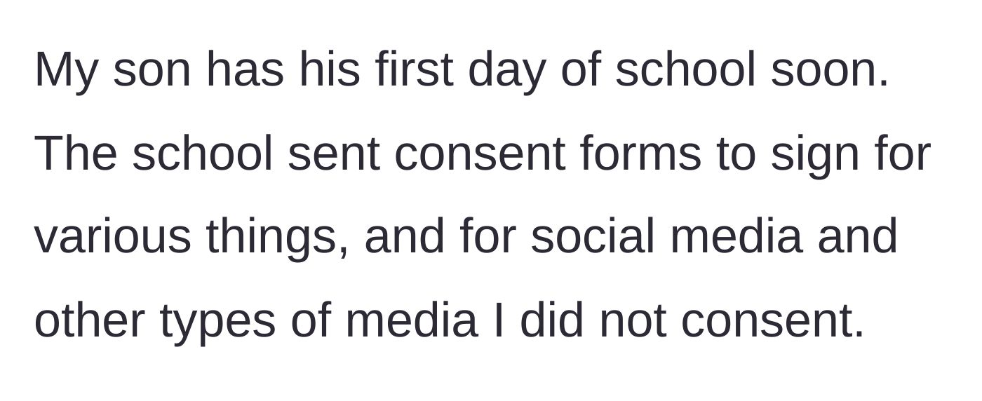 Story part 1 - Mom receives school consent forms and intentionally checks 'no' on the media release section.