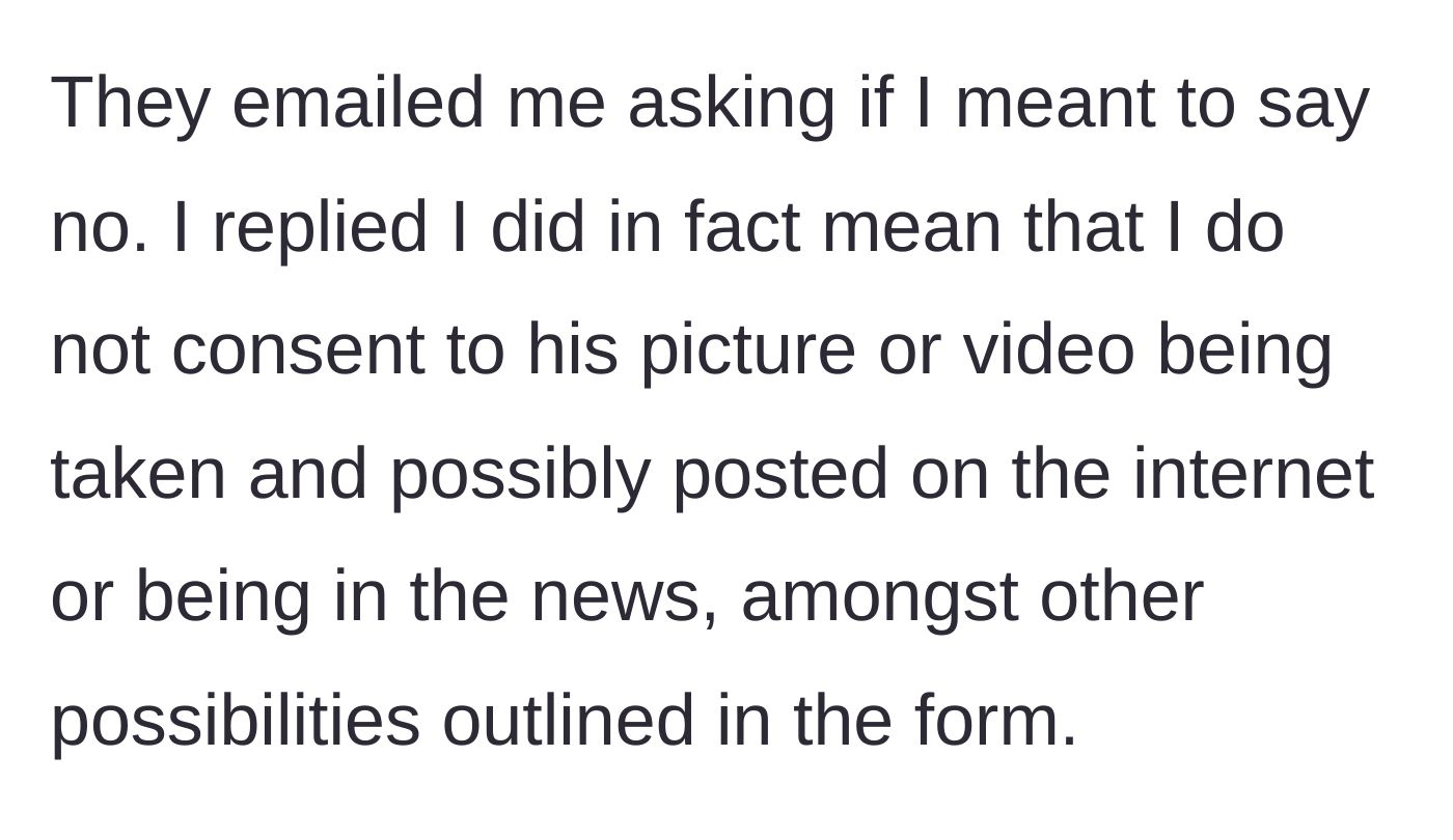 Story part 2 - The school emails her to double-check if she actually meant to say no, and she clearly confirms her stance.