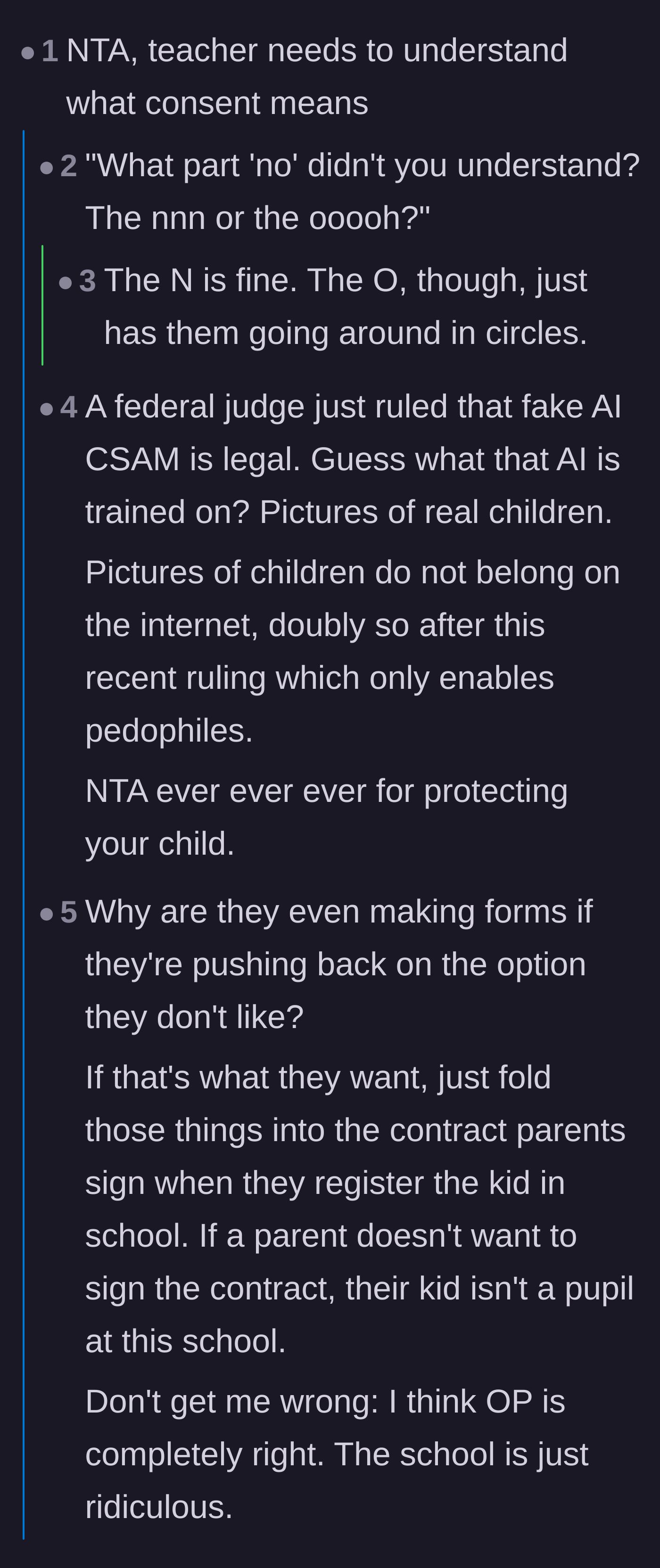 Comment thread 1 - A discussion about the terrifying realities of AI image theft and the need for snappy comebacks when boundaries are pushed.