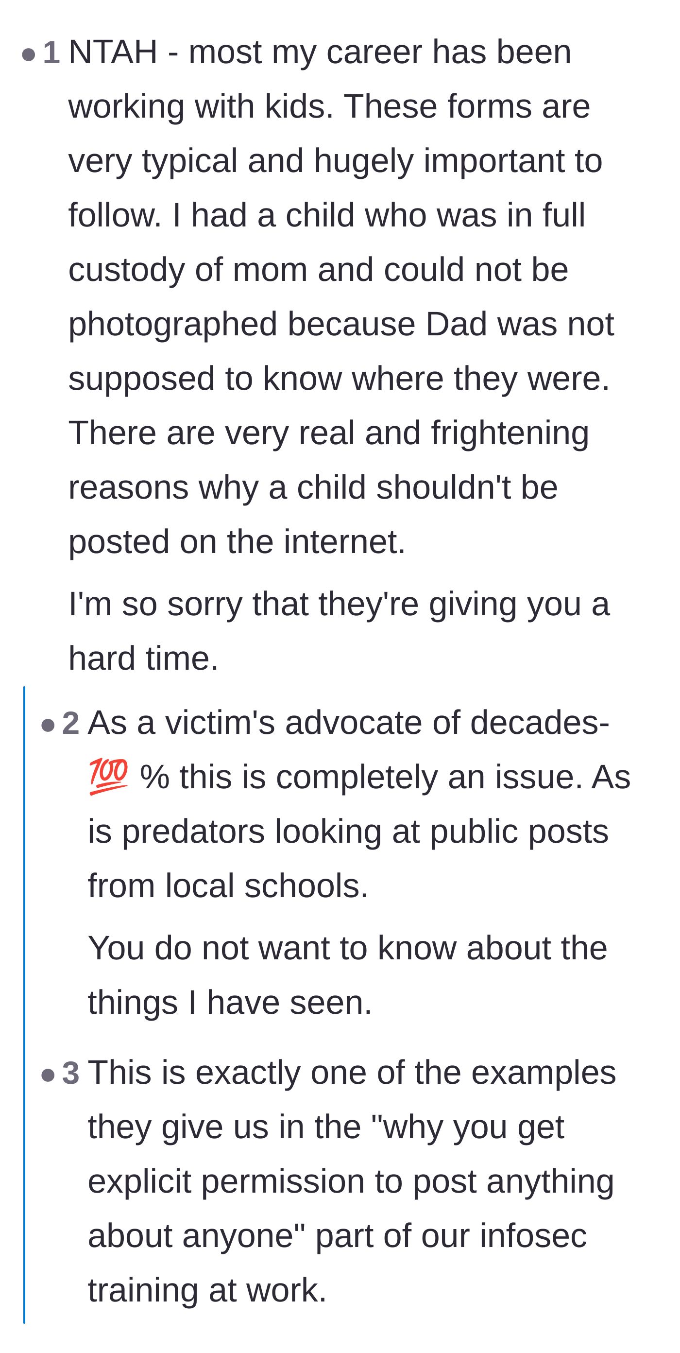 Comment thread 2 - Childcare professionals and victims' advocates explaining the severe physical safety risks of posting children online.