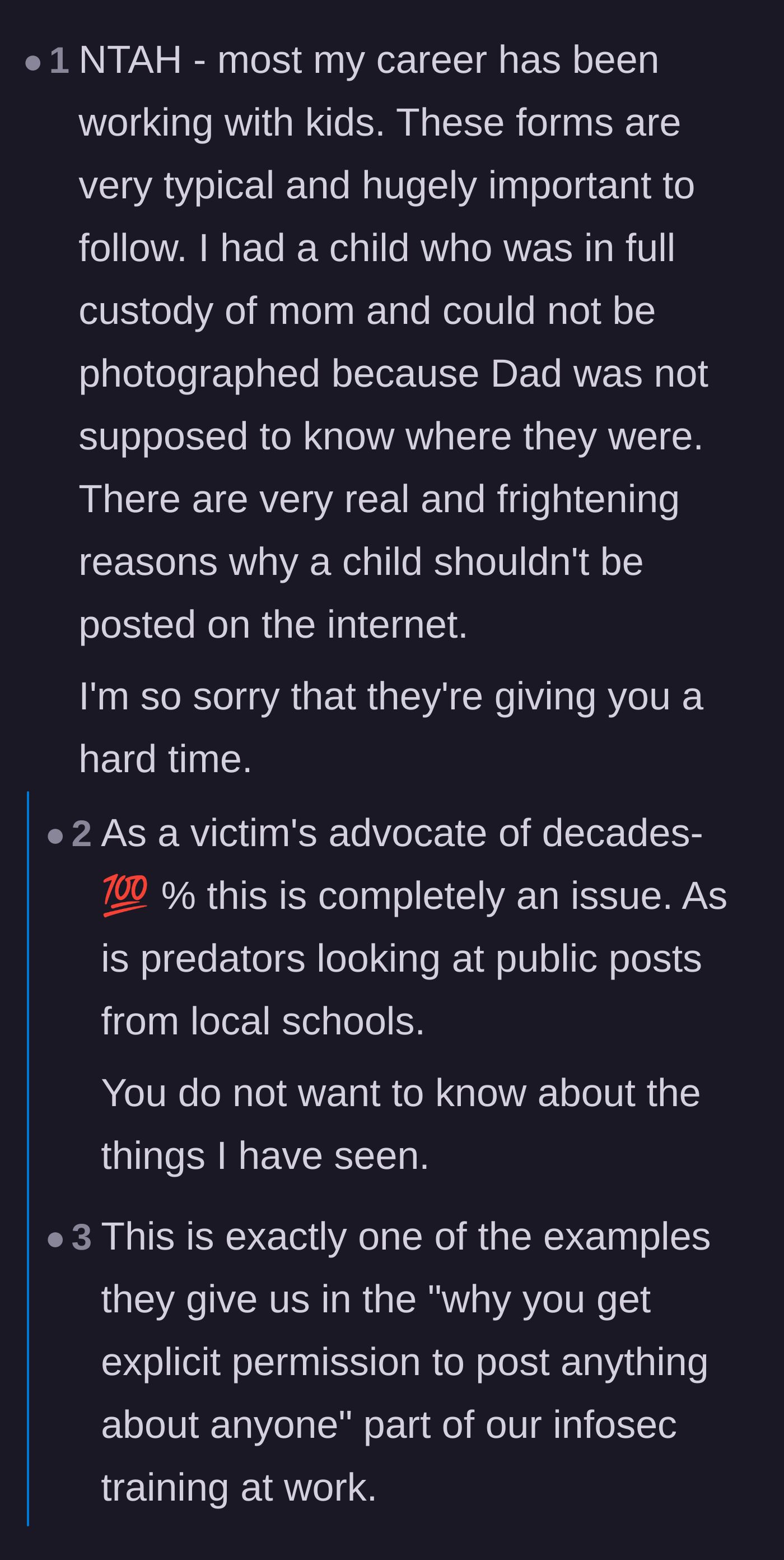 Comment thread 2 - Childcare professionals and victims' advocates explaining the severe physical safety risks of posting children online.