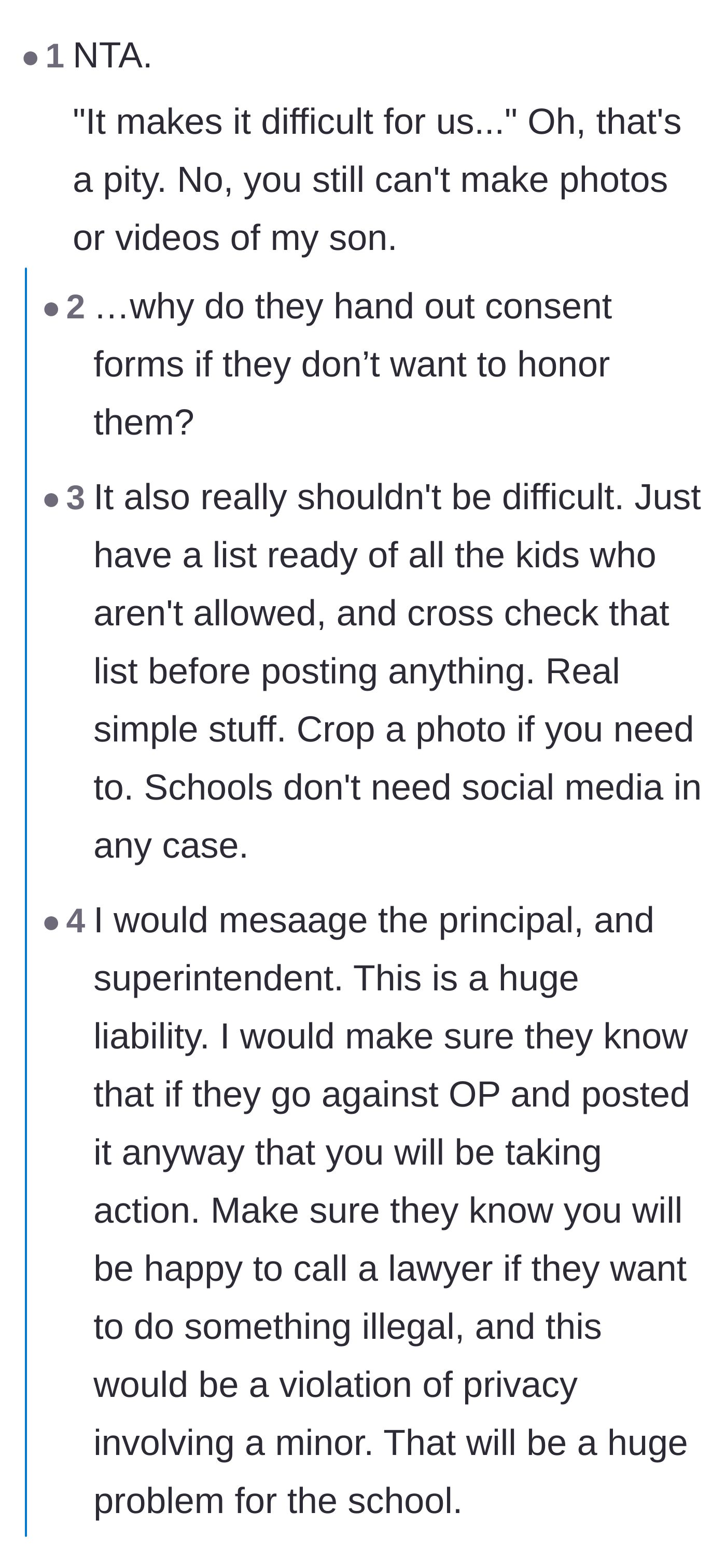 Comment thread 4 - People questioning the point of a consent form if the school just argues with a parent's choice.