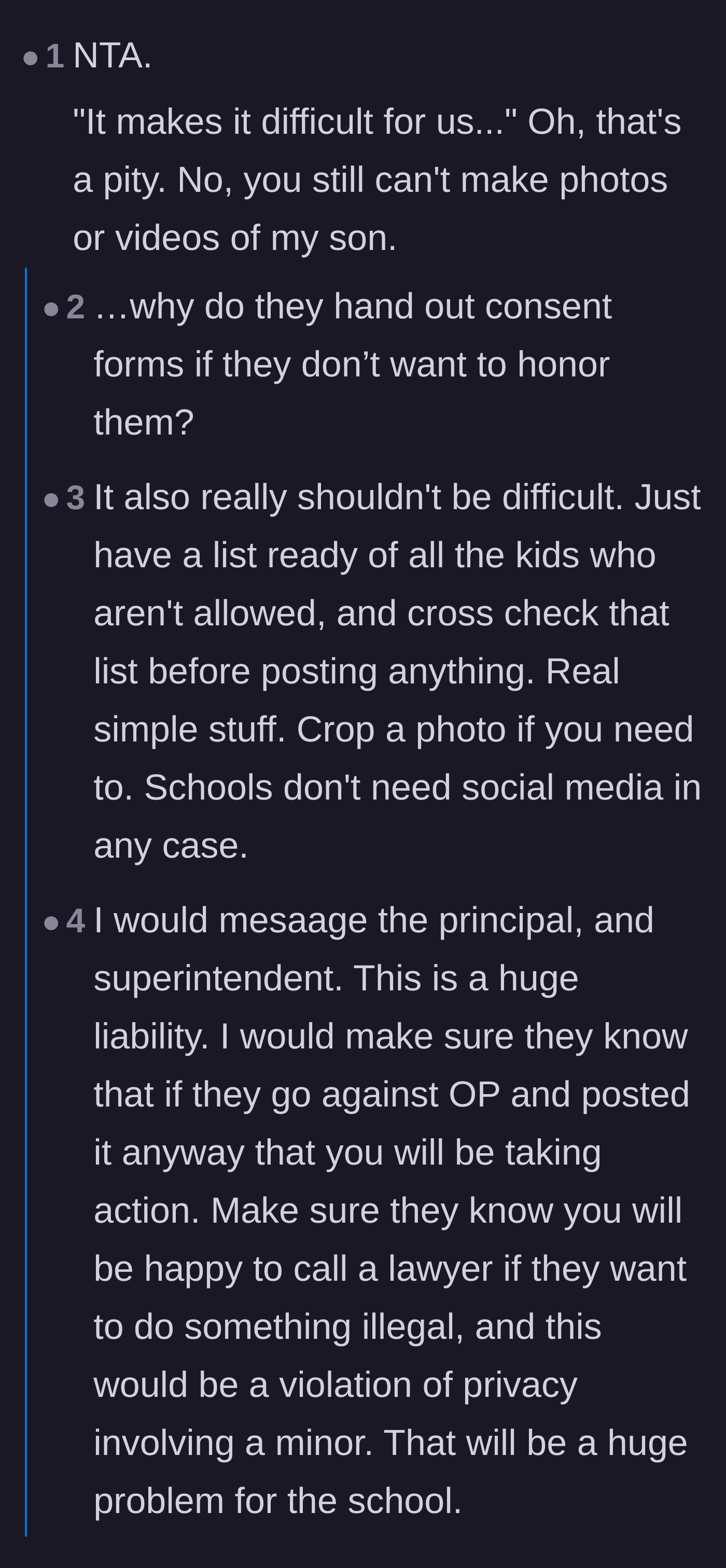 Comment thread 4 - People questioning the point of a consent form if the school just argues with a parent's choice.