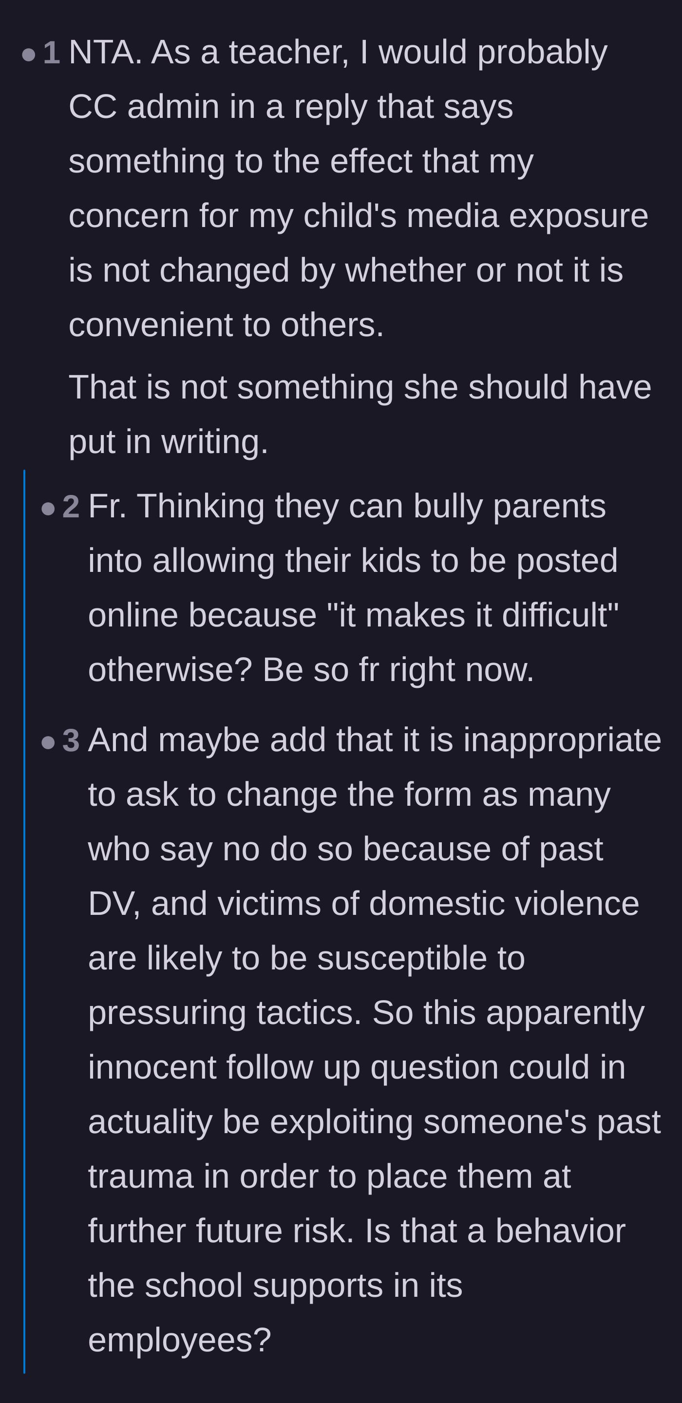 Comment thread 5 - A teacher advising the mom to loop in administration because the school's response was highly inappropriate.