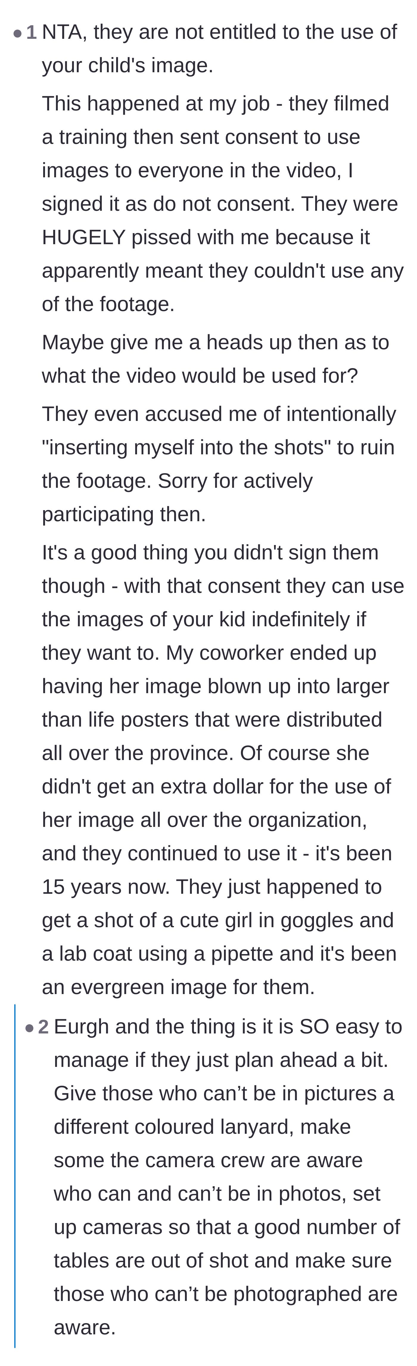 Comment thread 6 - A worker sharing their own horror story about an employer using a coworker's image on province-wide posters for fifteen years.